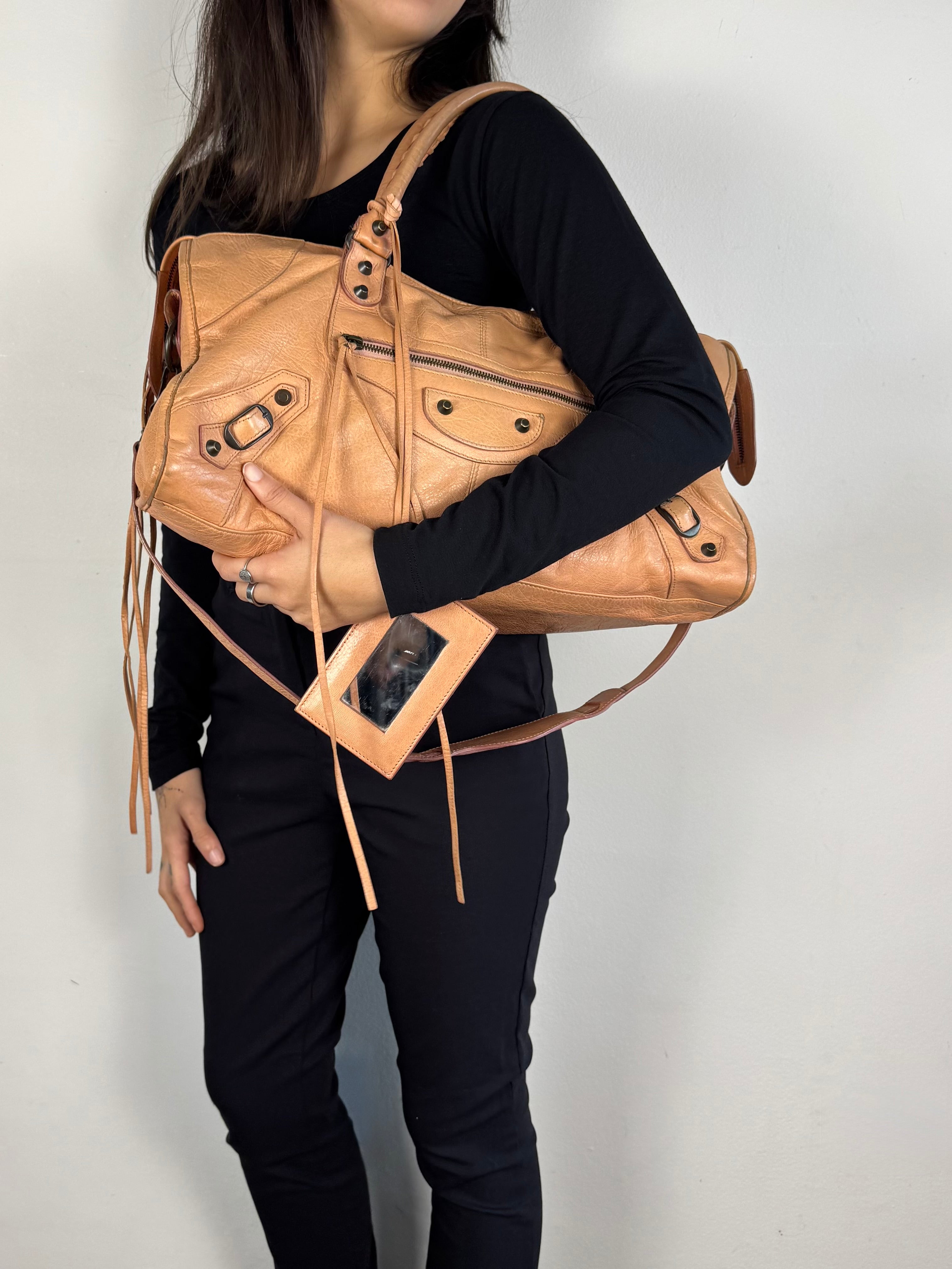 Balenciaga Cumin Lambskin Leather Motorcycle Part-Time Bag