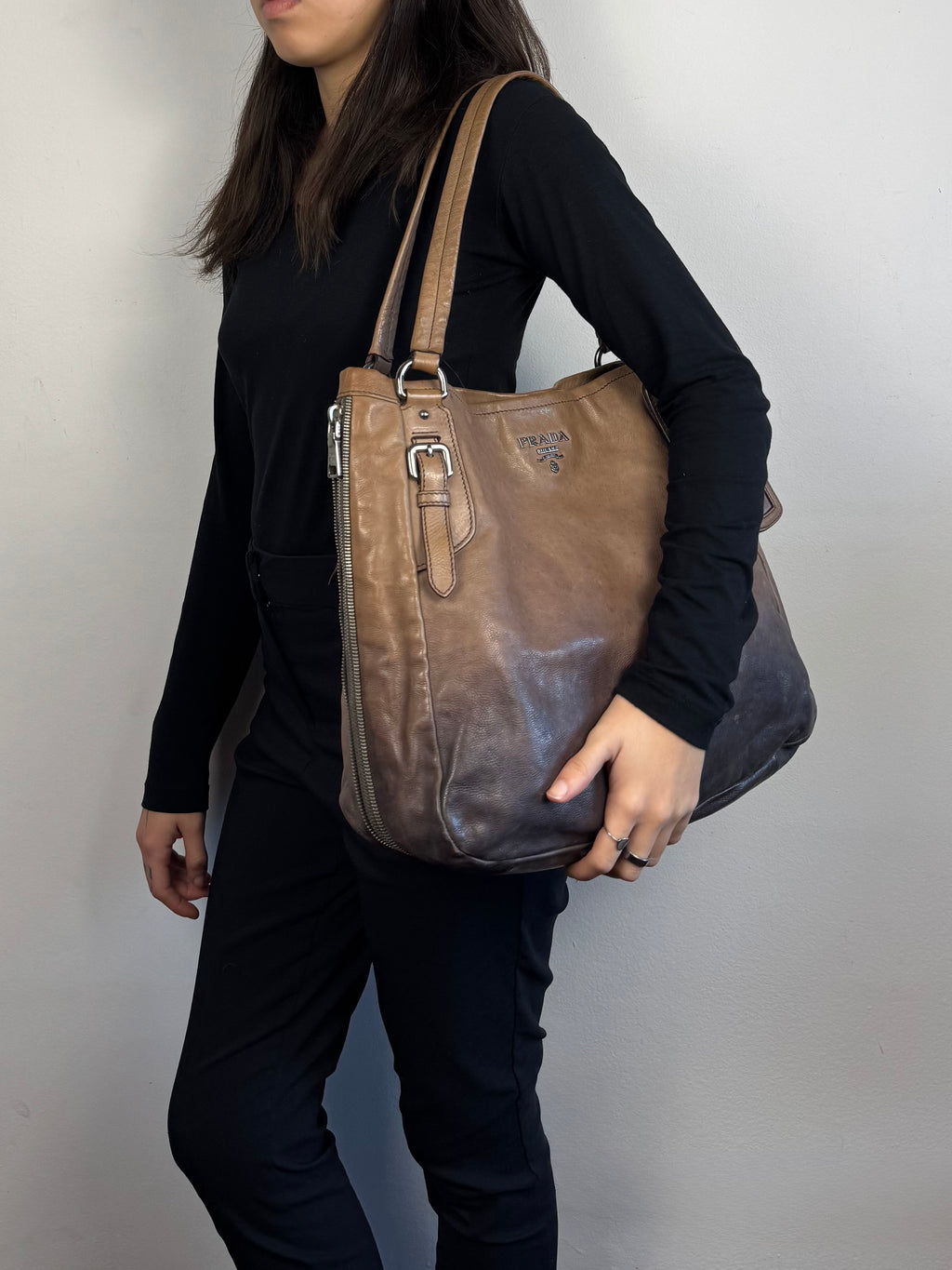 Prada Side Zip Ombre Calfskin Leather Tote