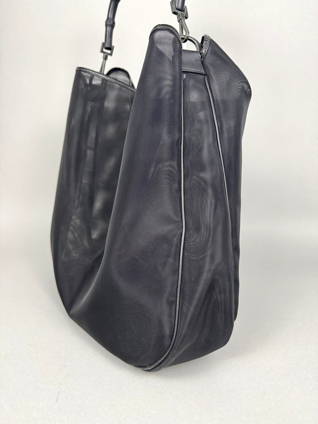 Gucci Mesh Bamboo Tote Bag in Black with Pouch