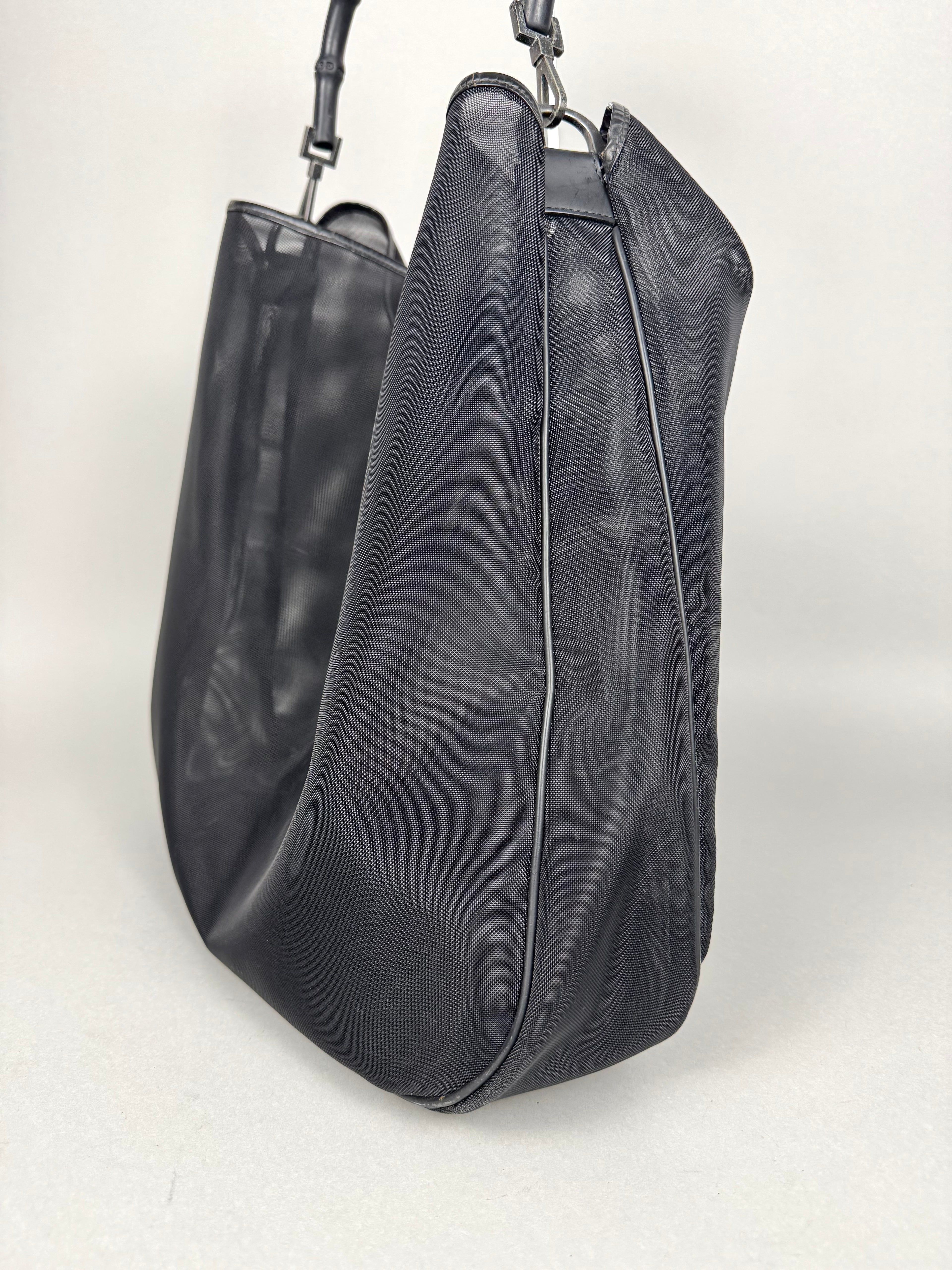 Gucci Mesh Bamboo Tote Bag in Black with Pouch