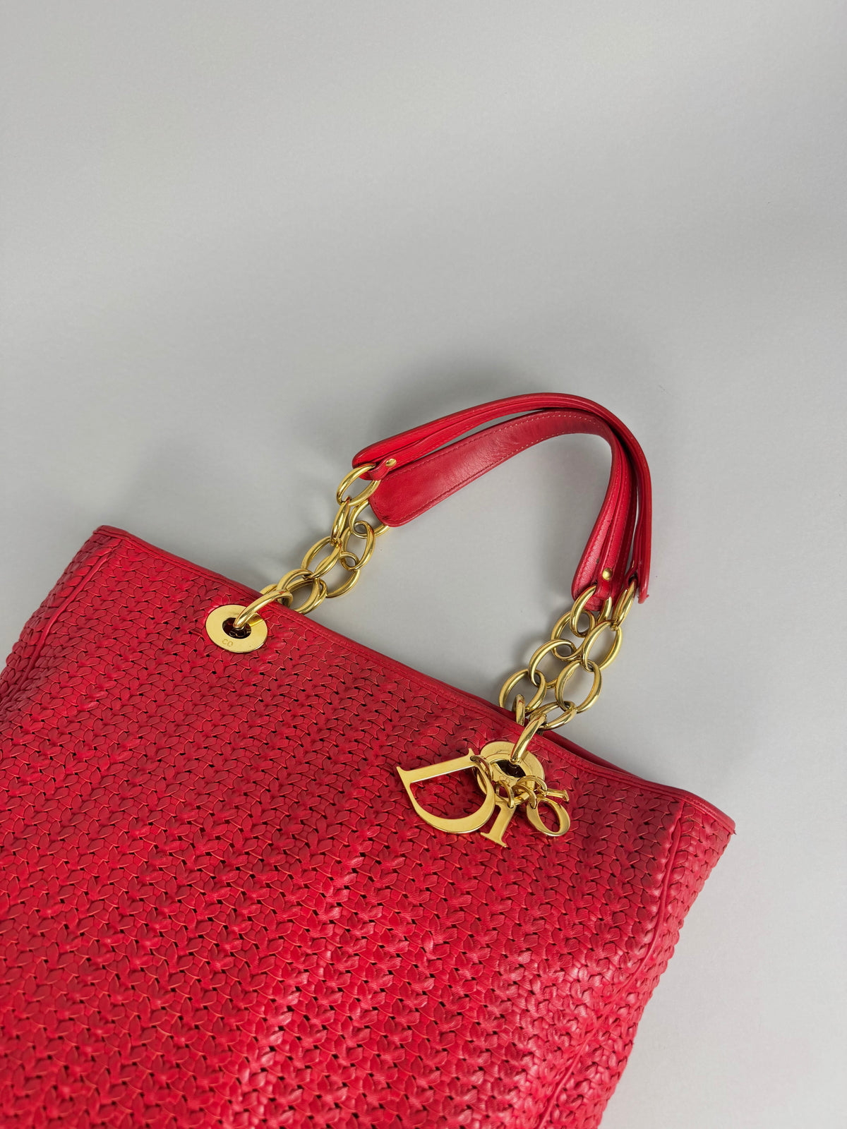 Christian Dior Red Woven Lambskin Leather Lady Dior Tote