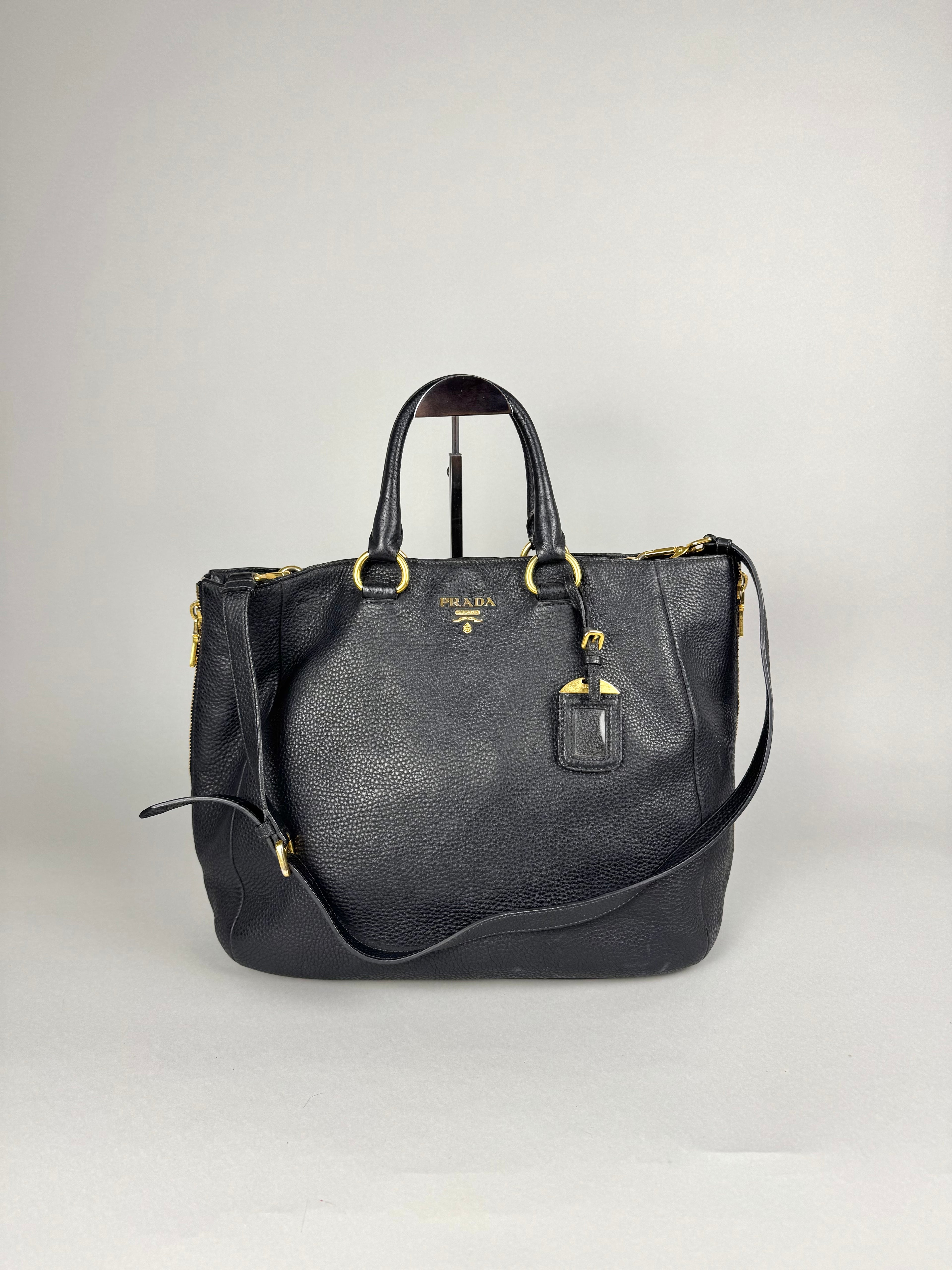 Prada Black Leather Vitello Diano Leather Side Zip Tote