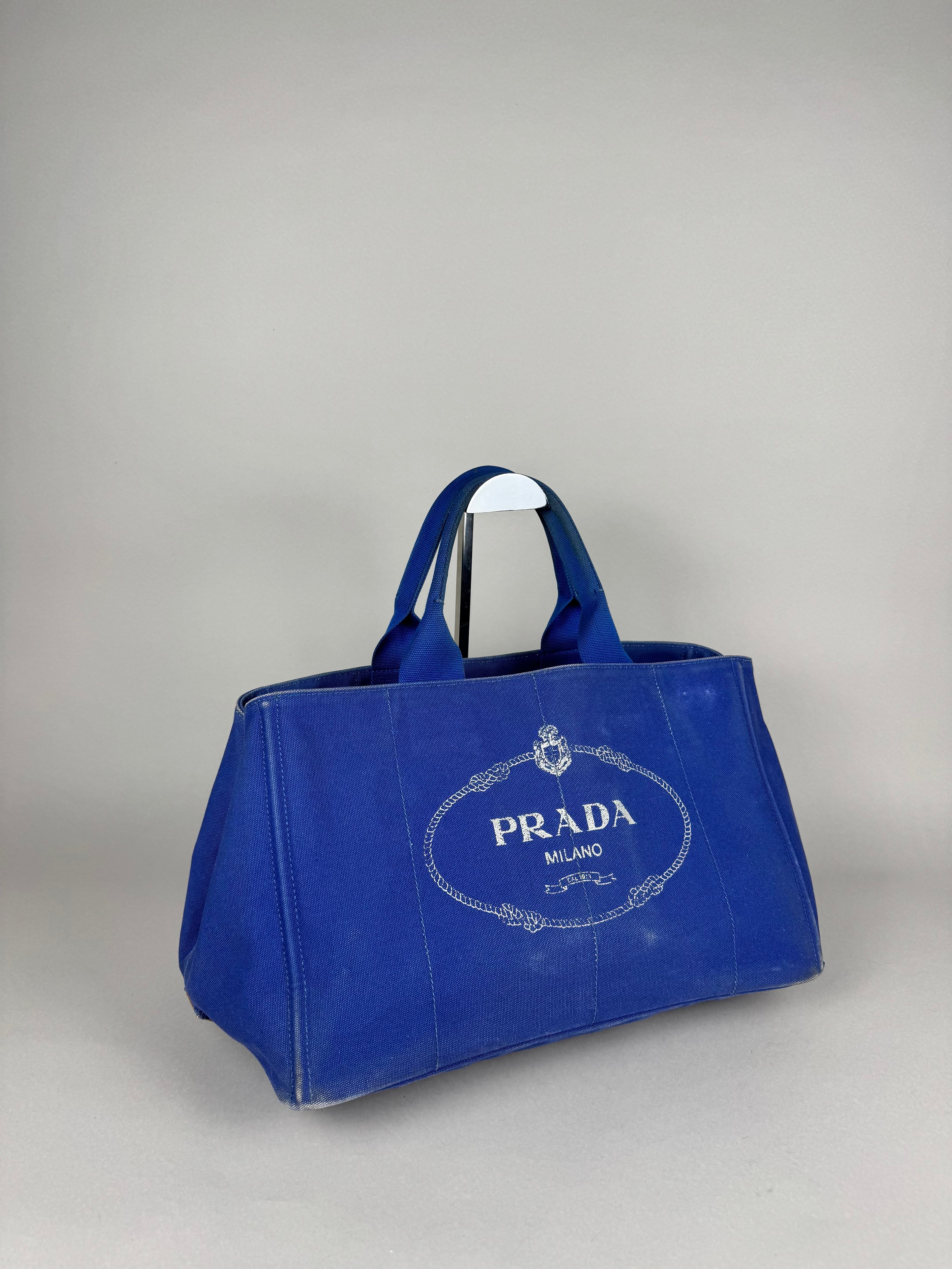 Prada Blue Printed Canapa Canvas Tote