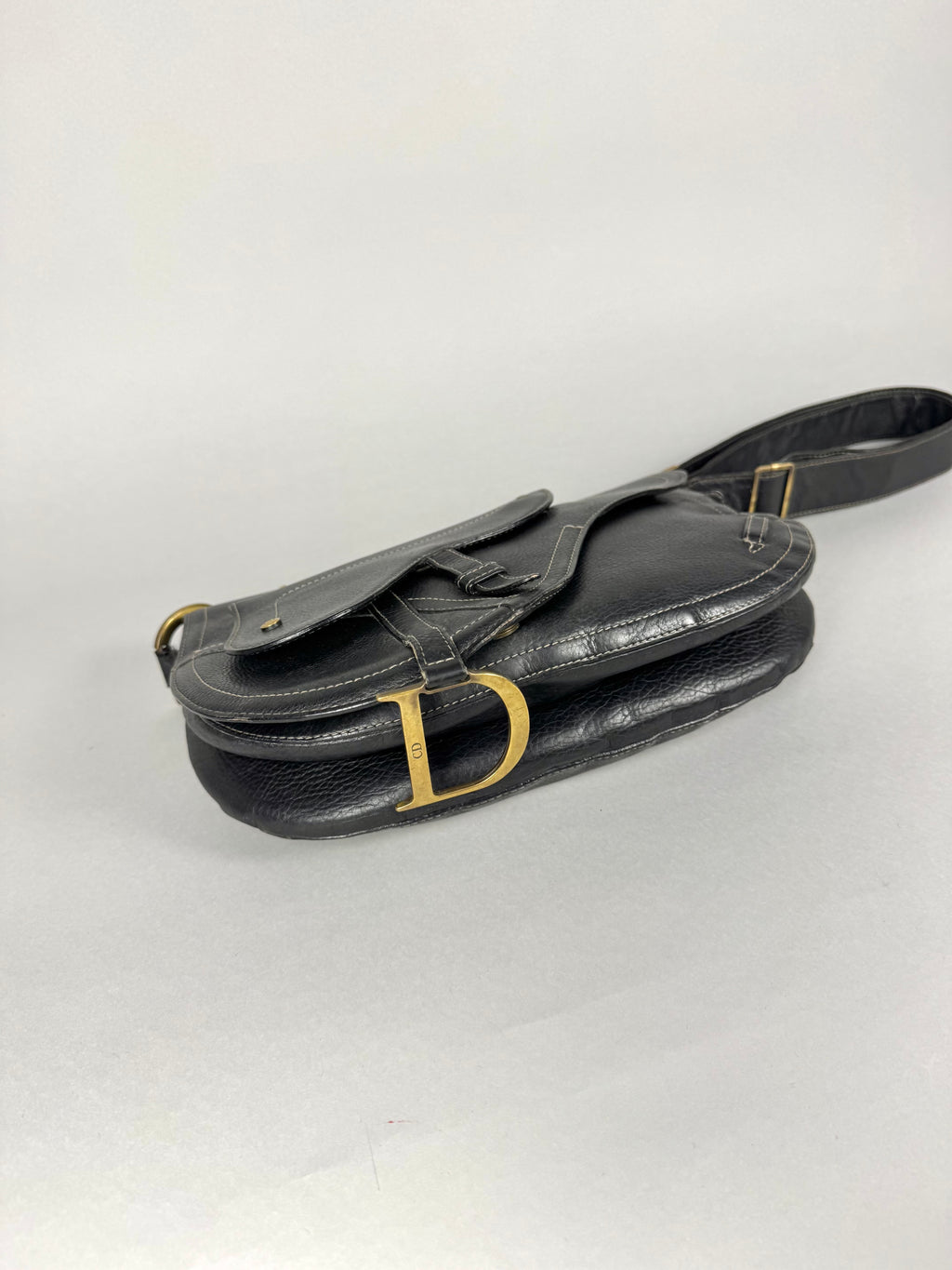 Christian Dior Vintage Double Baudrier Saddle Bag in Black Leather