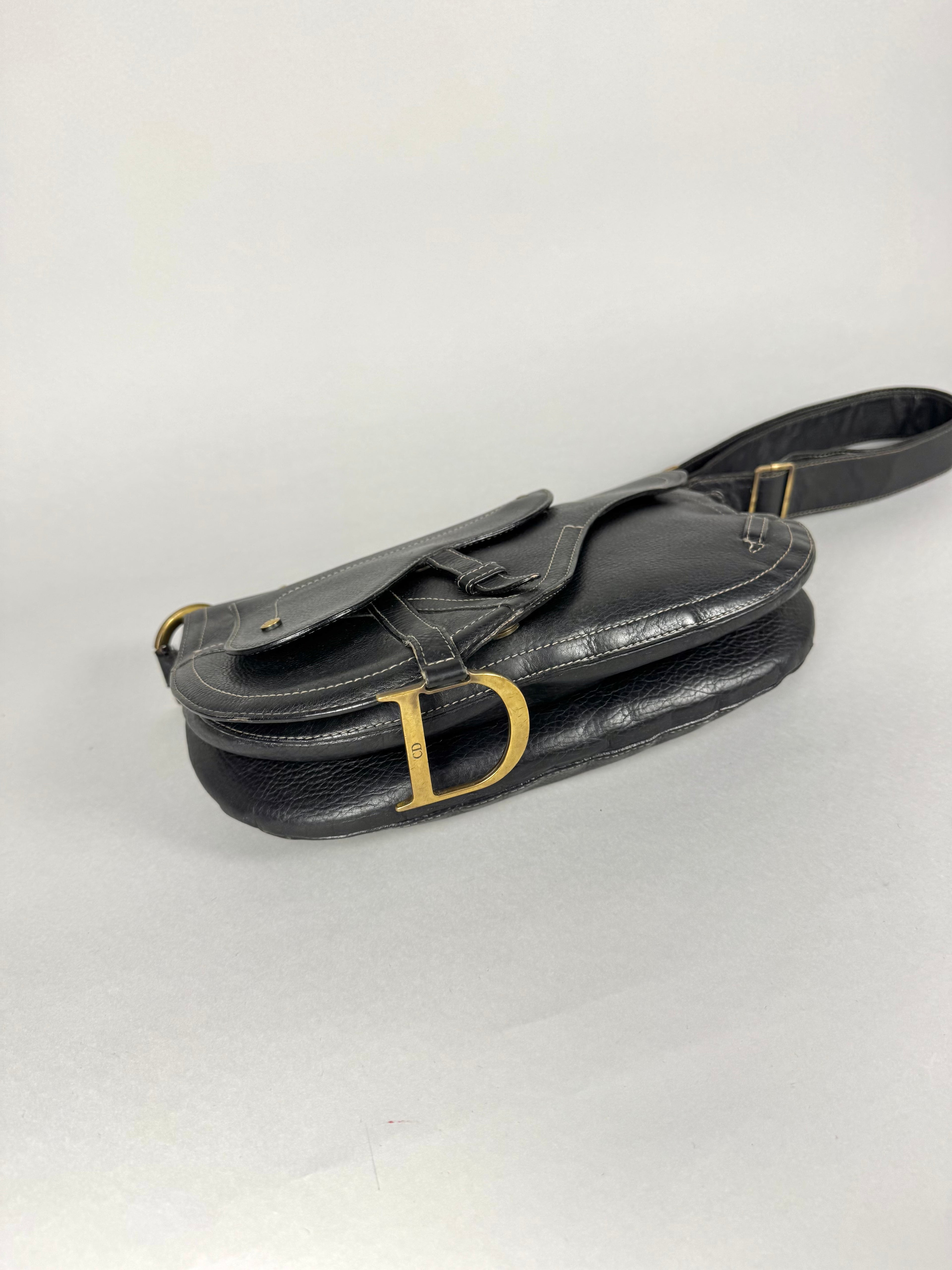 Christian Dior Vintage Double Baudrier Saddle Bag in Black Leather