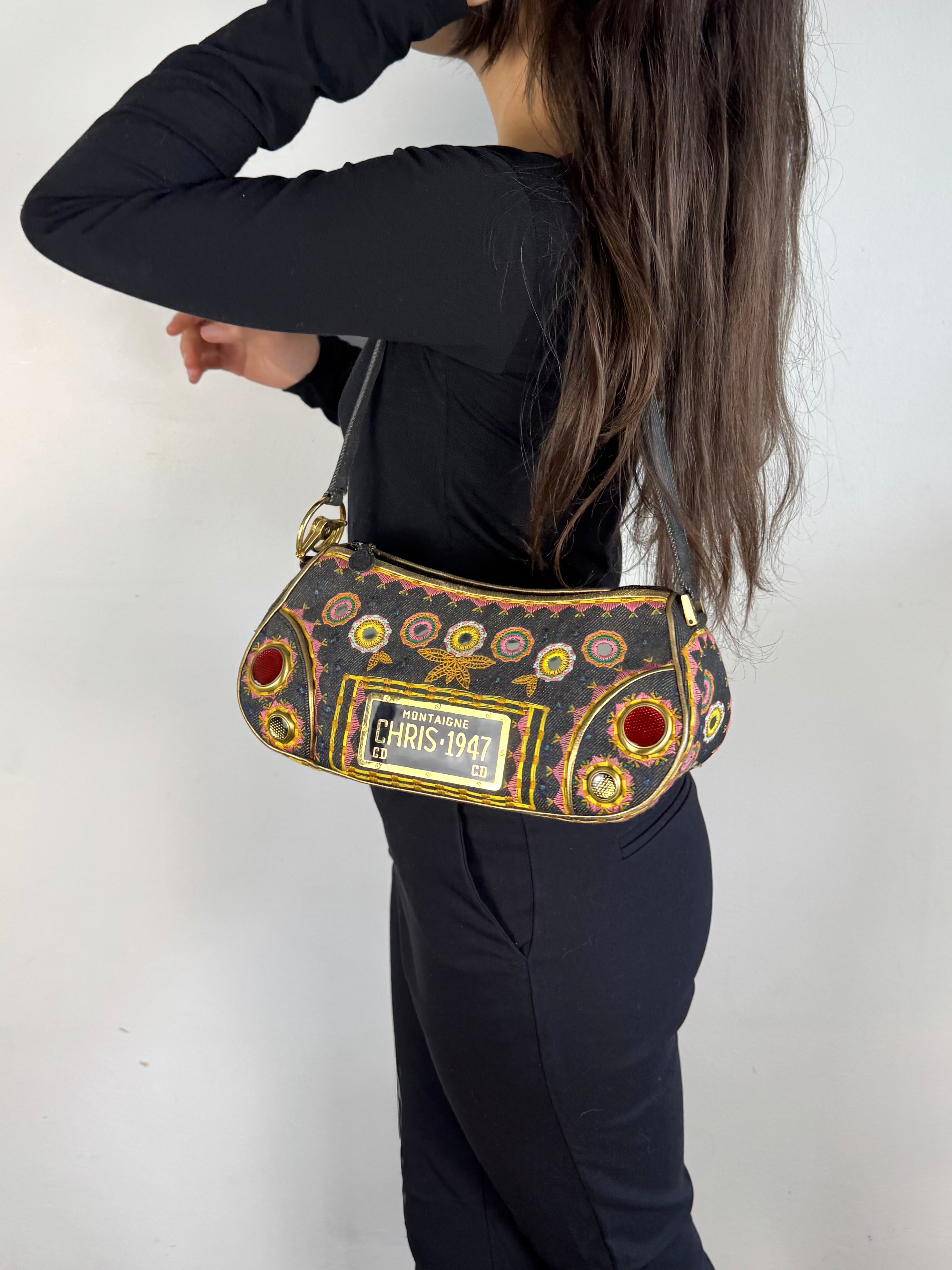 Christian Dior Embroidered Montaigne Cadillac 1947 Denim Bag