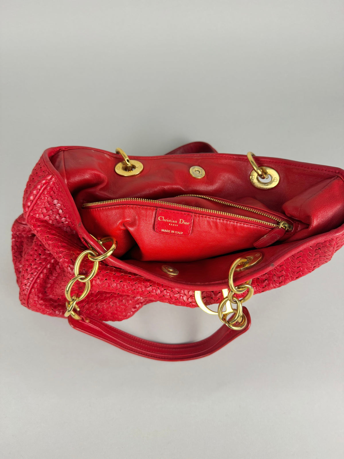 Christian Dior Red Woven Lambskin Leather Lady Dior Tote