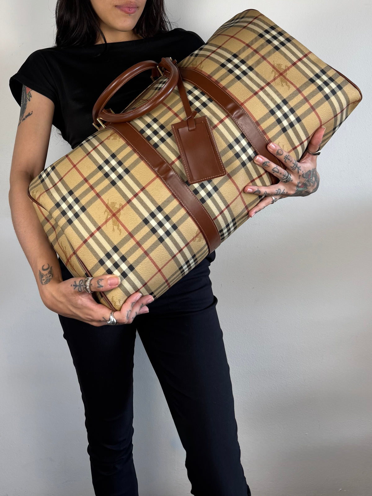 Burberry Brown Leather And Haymarket Check Coated Canvas Travel Duffel