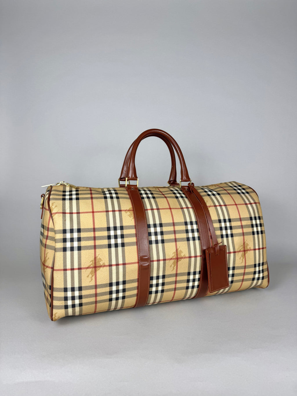 Burberry Brown Leather And Haymarket Check Coated Canvas Travel Duffel