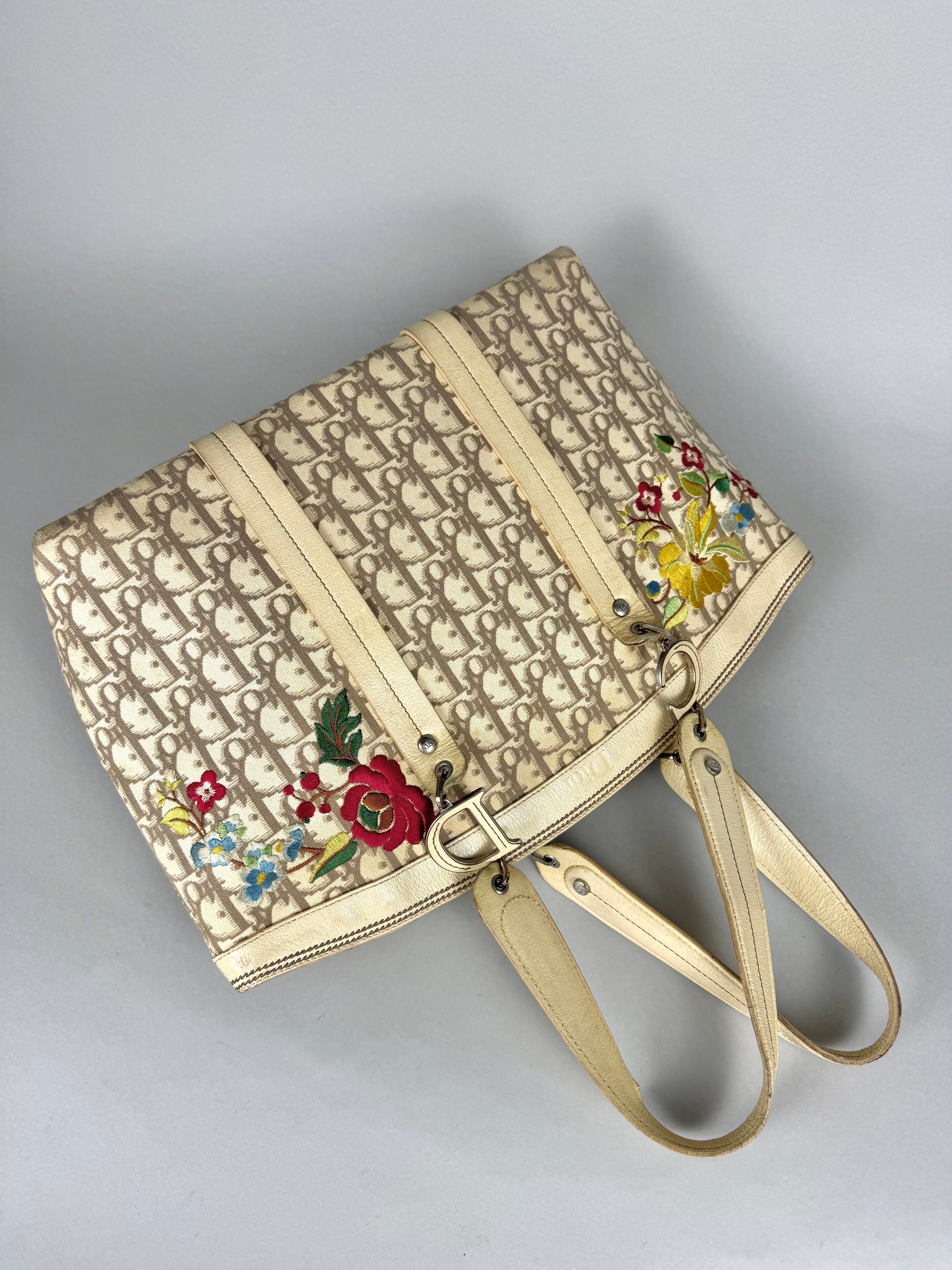 Christian Dior Beige Diorissimo Embroidered Flowers Tote