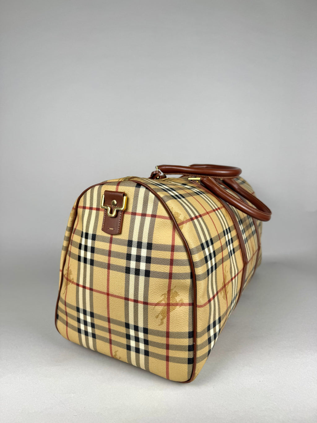 Burberry Brown Leather And Haymarket Check Coated Canvas Travel Duffel