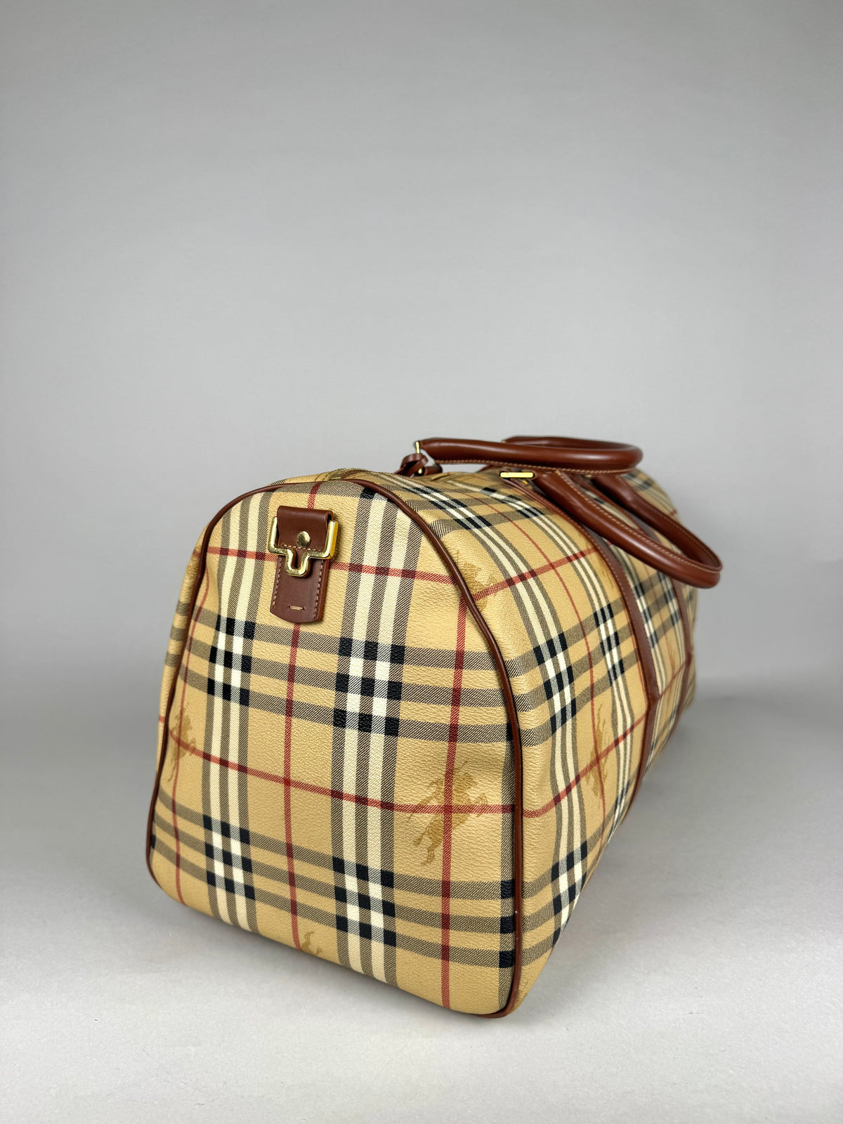 Burberry Brown Leather And Haymarket Check Coated Canvas Travel Duffel