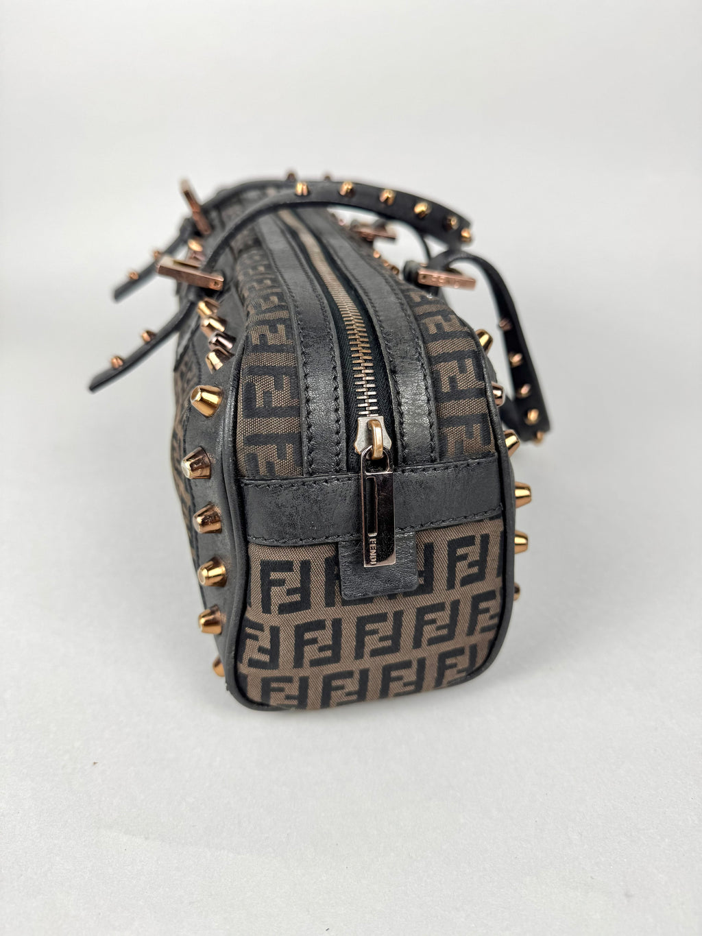 Fendi Monogram Zucchino Studded Bowler Bag