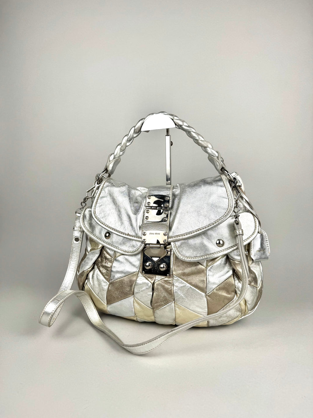 Miu Miu Silver Leather Harlequin Patchwork Coffer Matelass Hobo