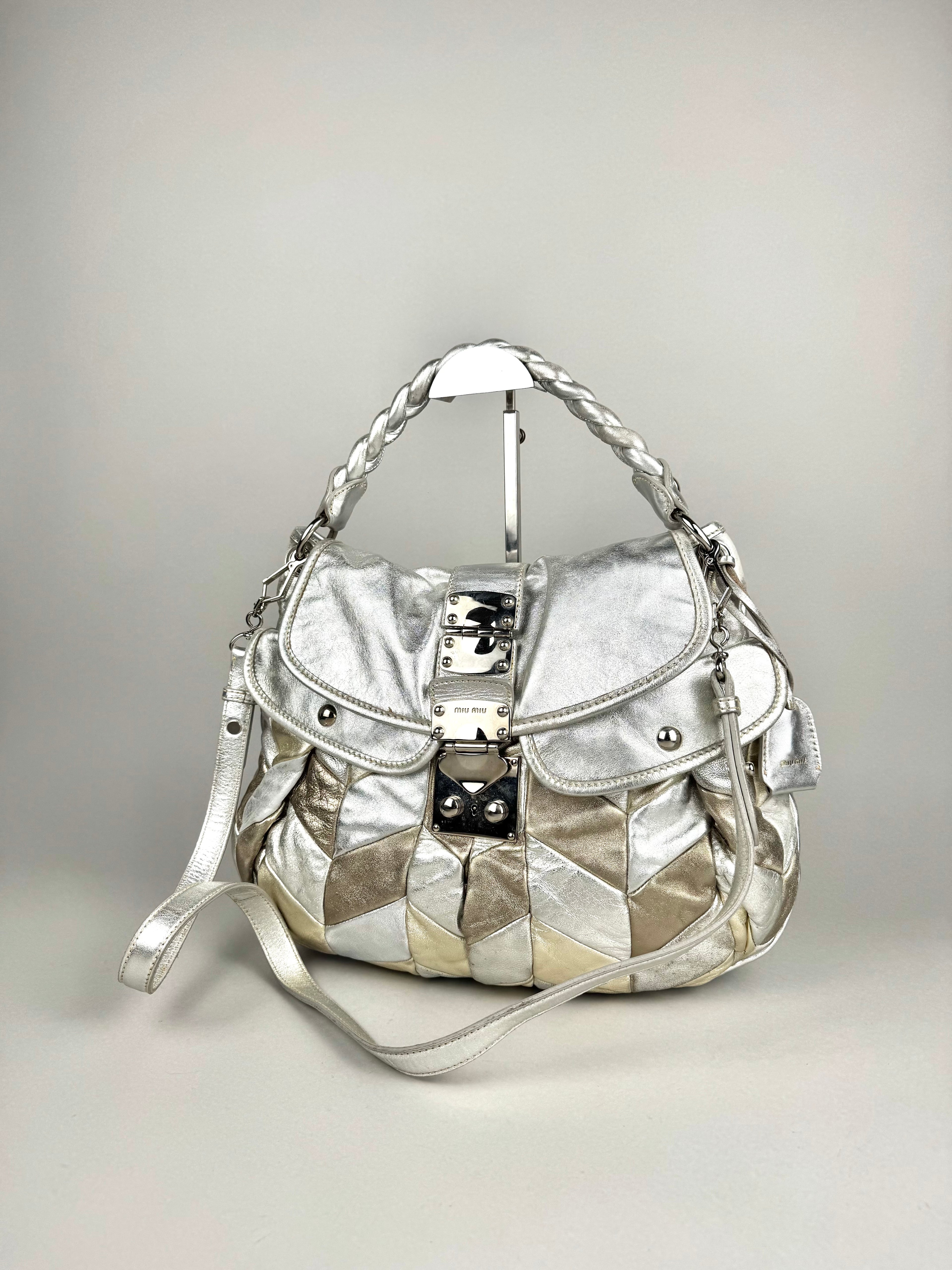 Miu Miu Silver Leather Harlequin Patchwork Coffer Matelass Hobo