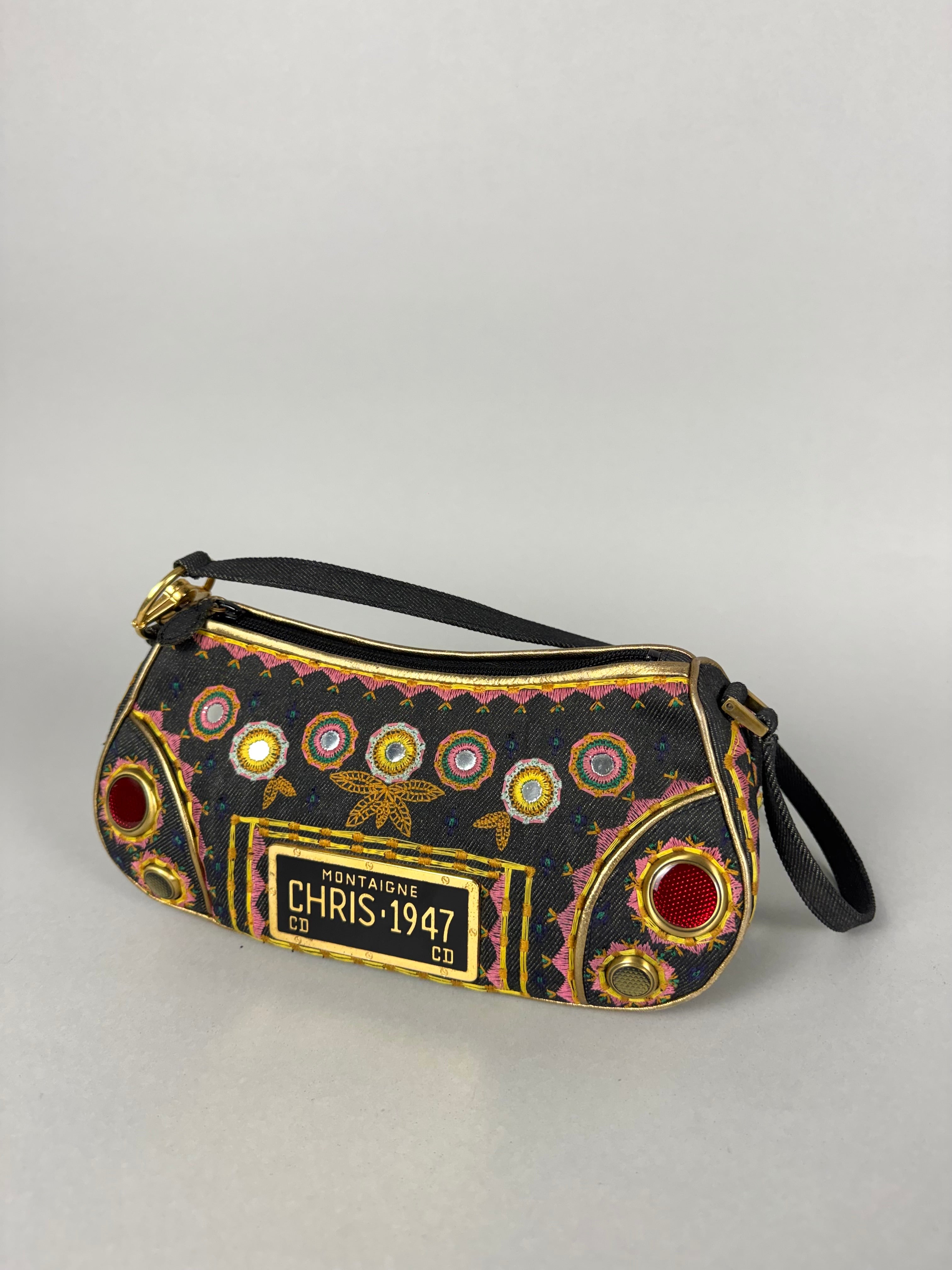 Christian Dior Embroidered Montaigne Cadillac 1947 Denim Bag