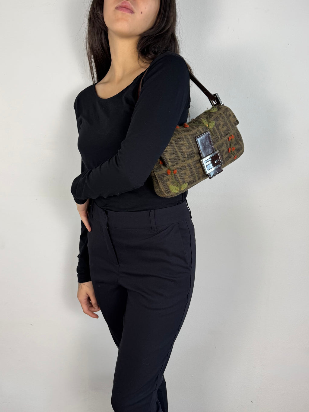 Fendi Vintage Cashmere Wool Embroidered Baguette