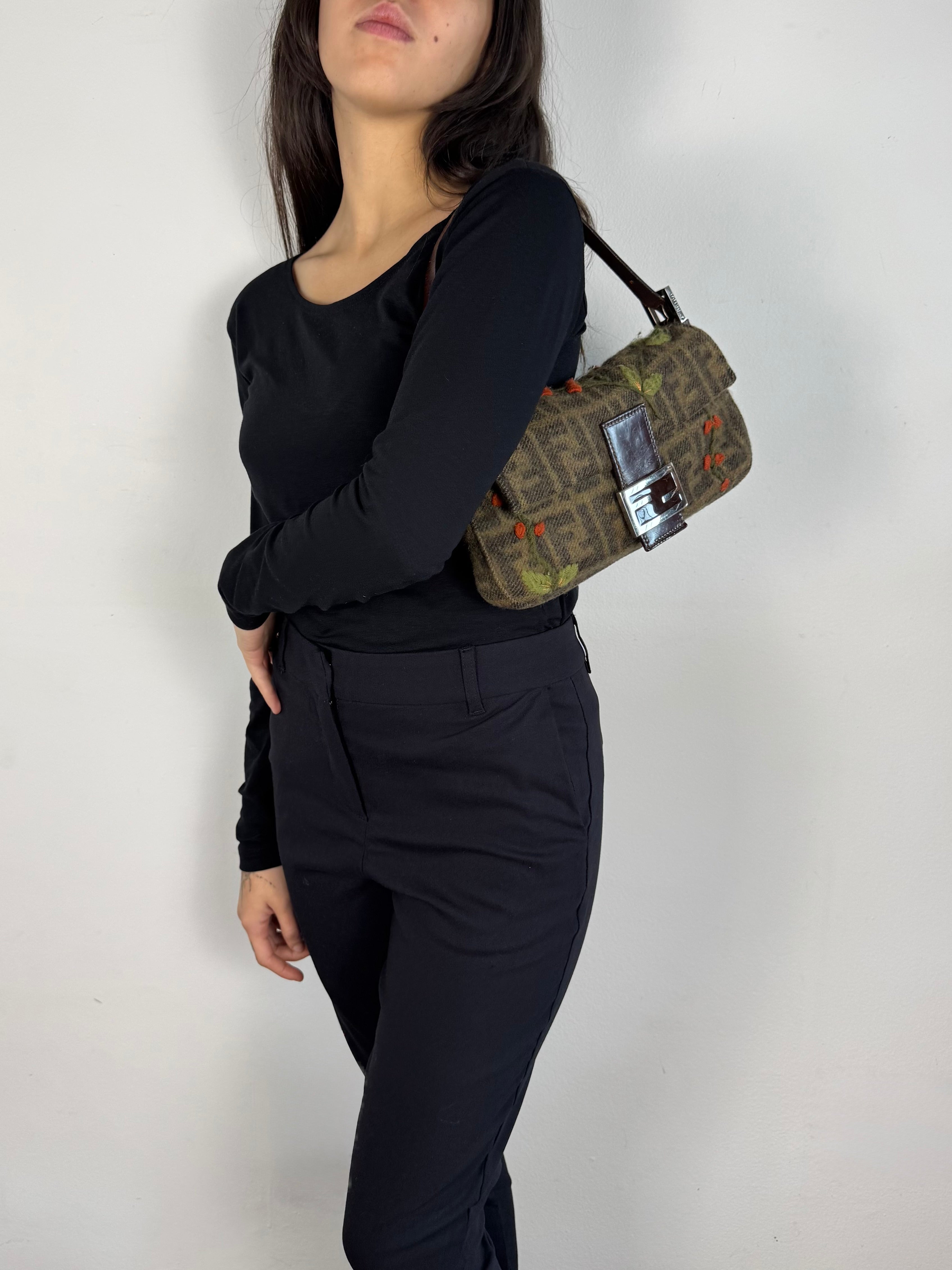 Fendi Vintage Cashmere Wool Embroidered Baguette
