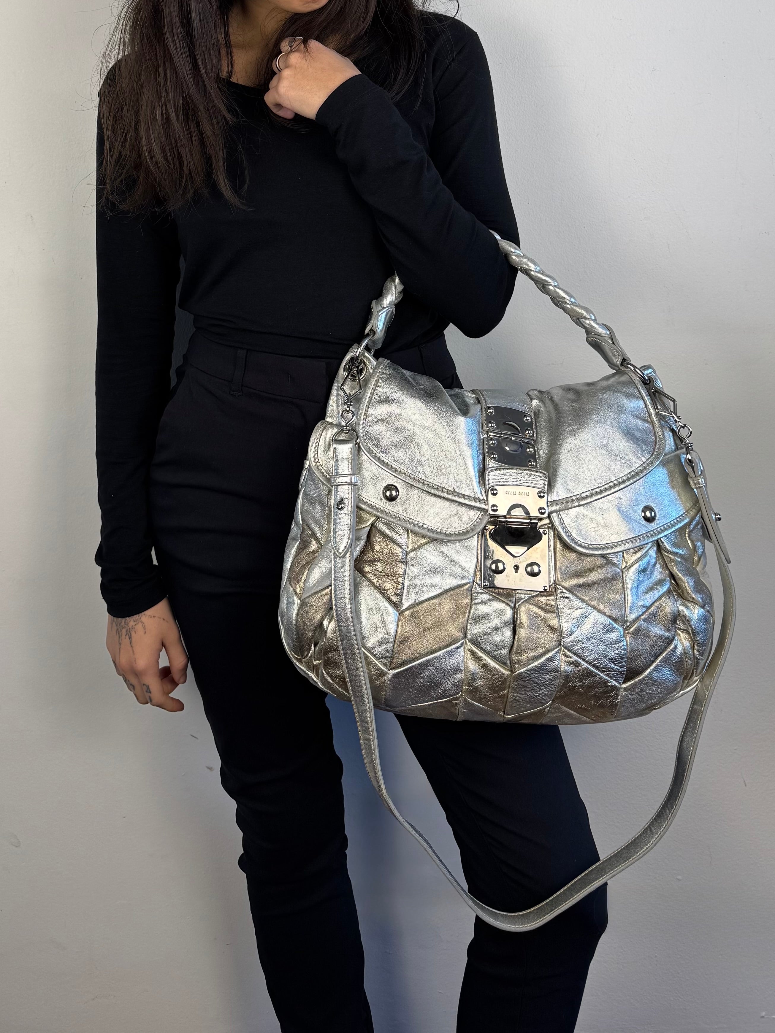 Miu Miu Silver Leather Harlequin Patchwork Coffer Matelass Hobo