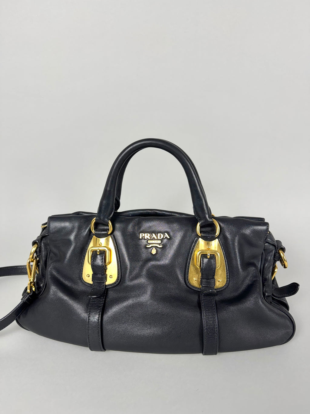 Prada Satchel Soft Calfskin Trimmed Leather Black
