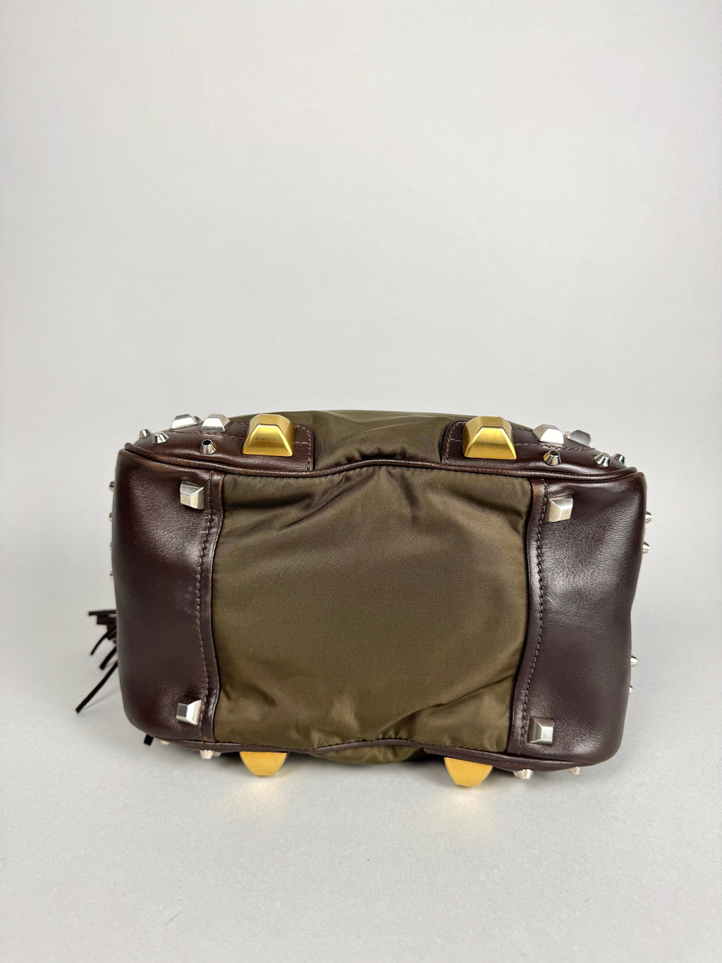 Prada Brown Studded Leather Green Dark Brown Pony-style Calfskin
