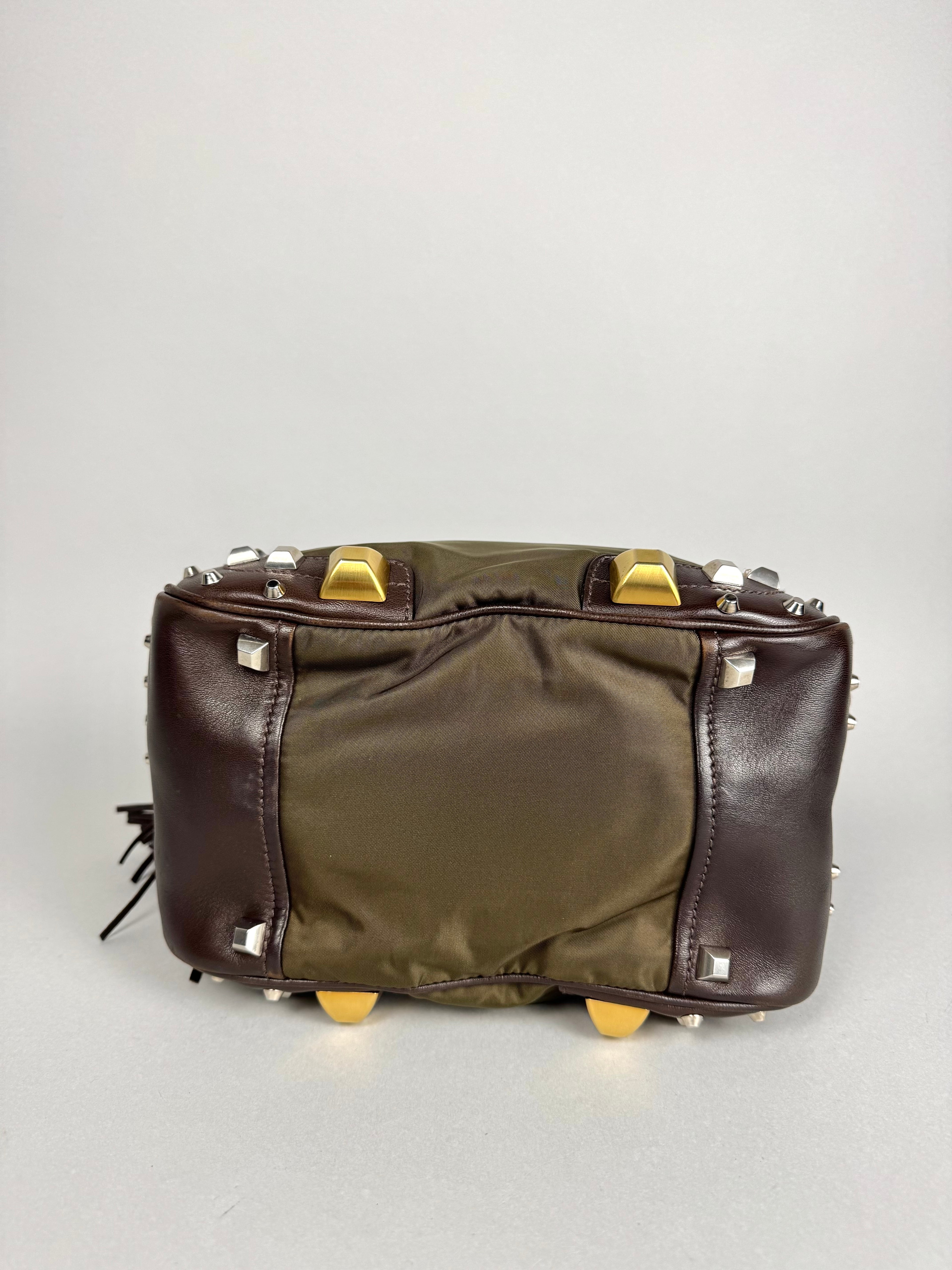 Prada Brown Studded Leather Green Dark Brown Pony-style Calfskin