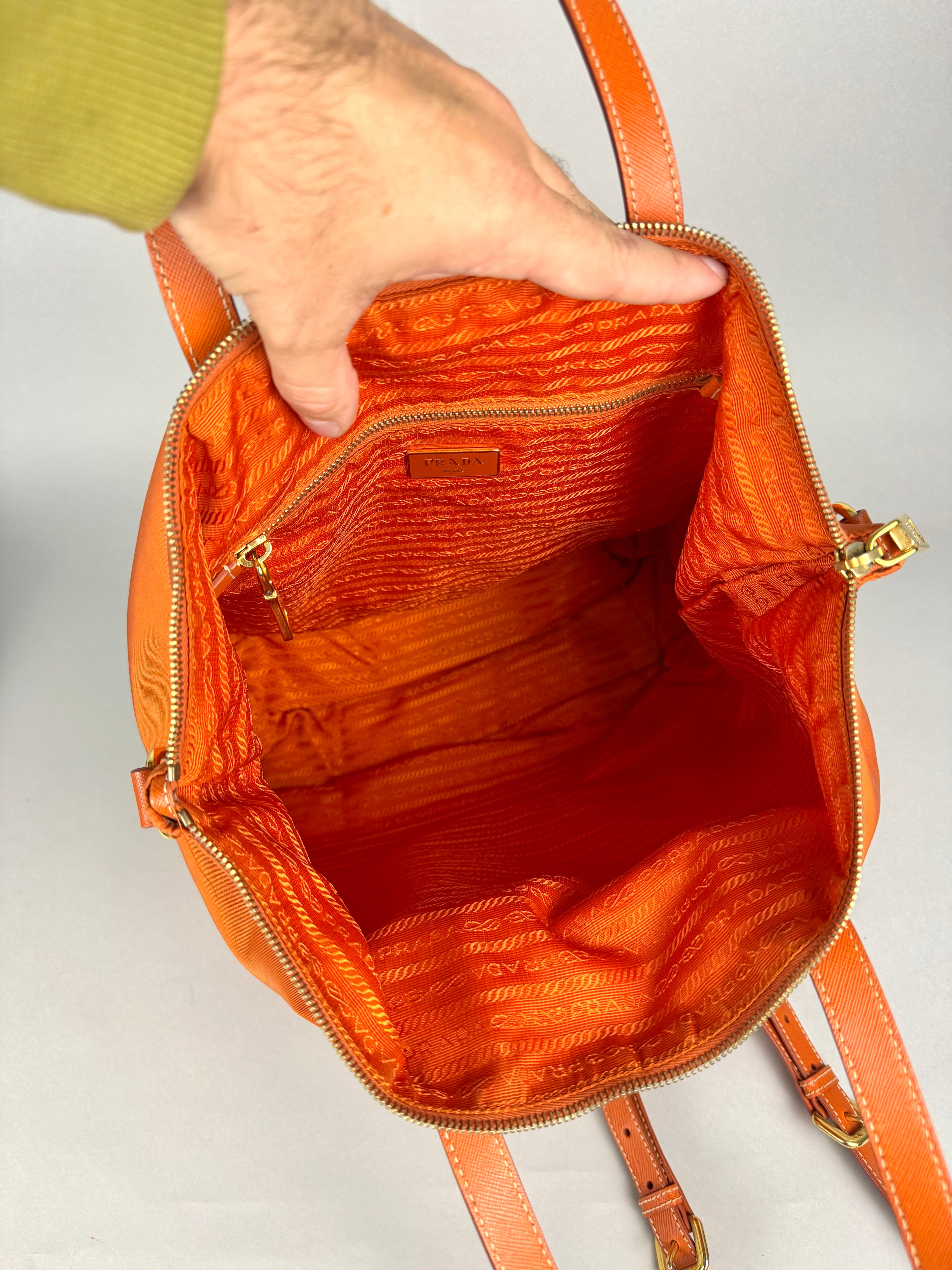 Prada Tessuto Orange Nylon With Leather Strap Tote Bag