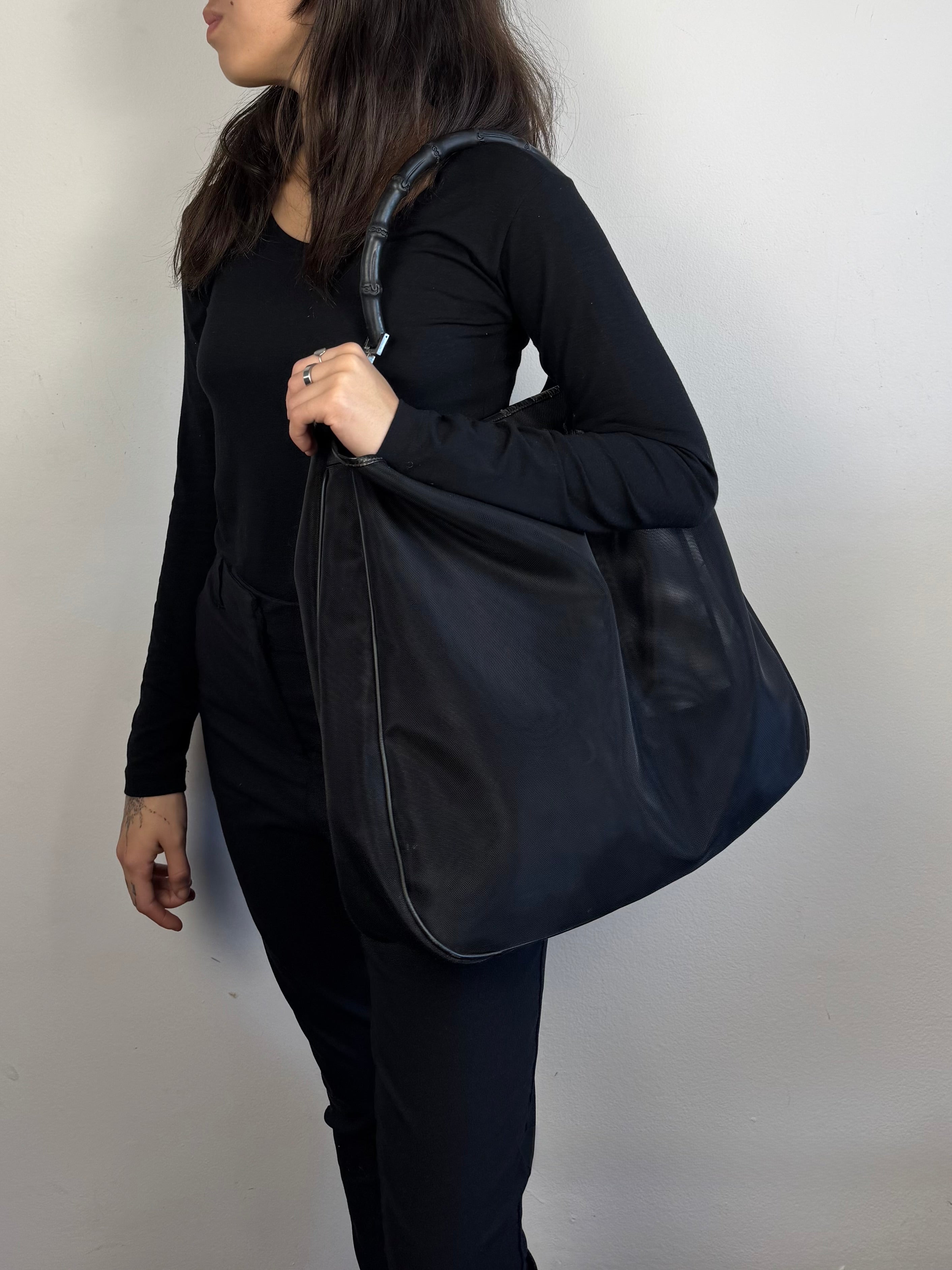 Gucci Mesh Bamboo Tote Bag in Black with Pouch