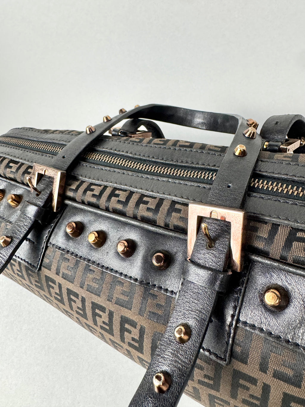Fendi Monogram Zucchino Studded Bowler Bag