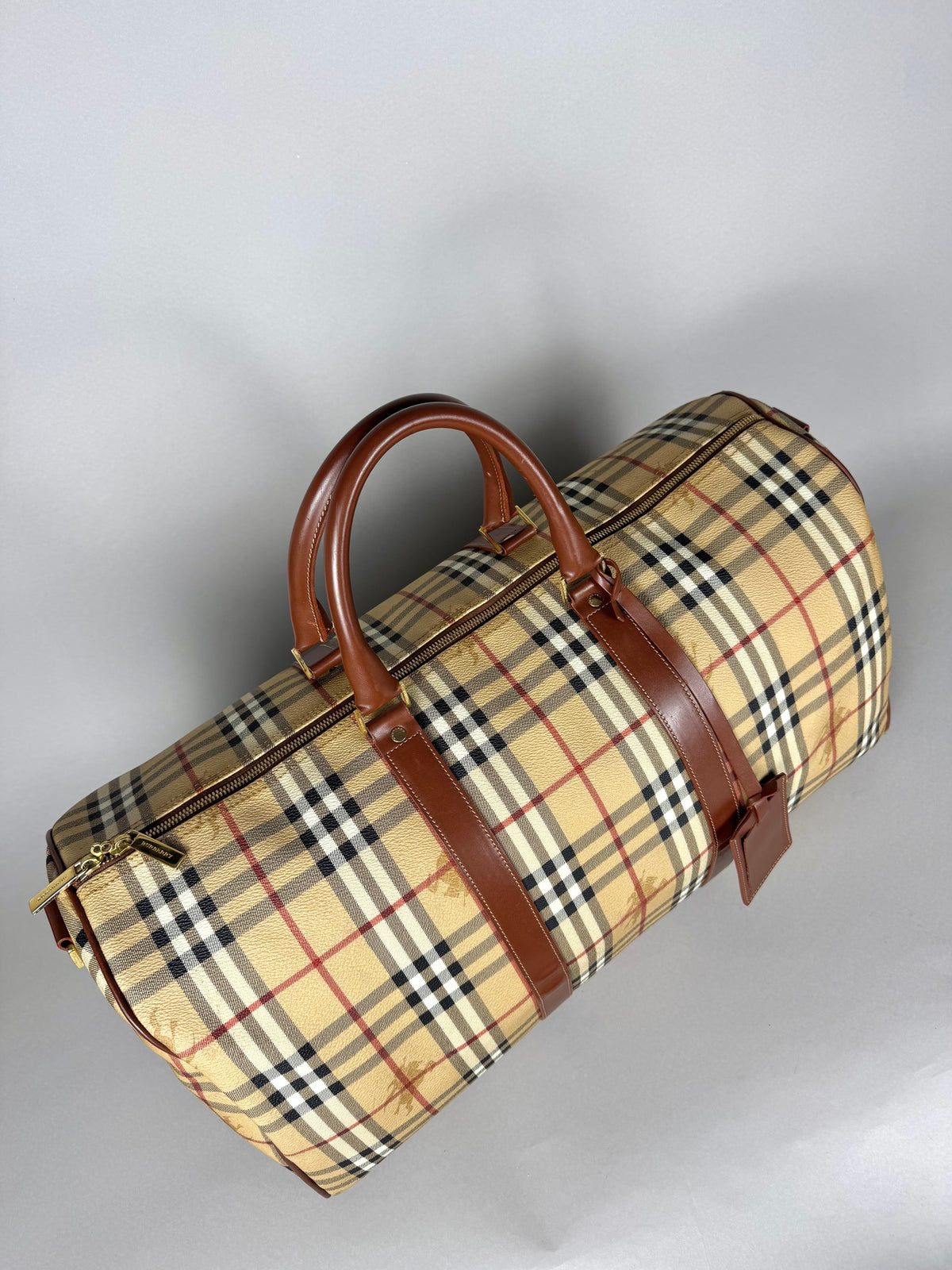 Burberry Brown Leather And Haymarket Check Coated Canvas Travel Duffel