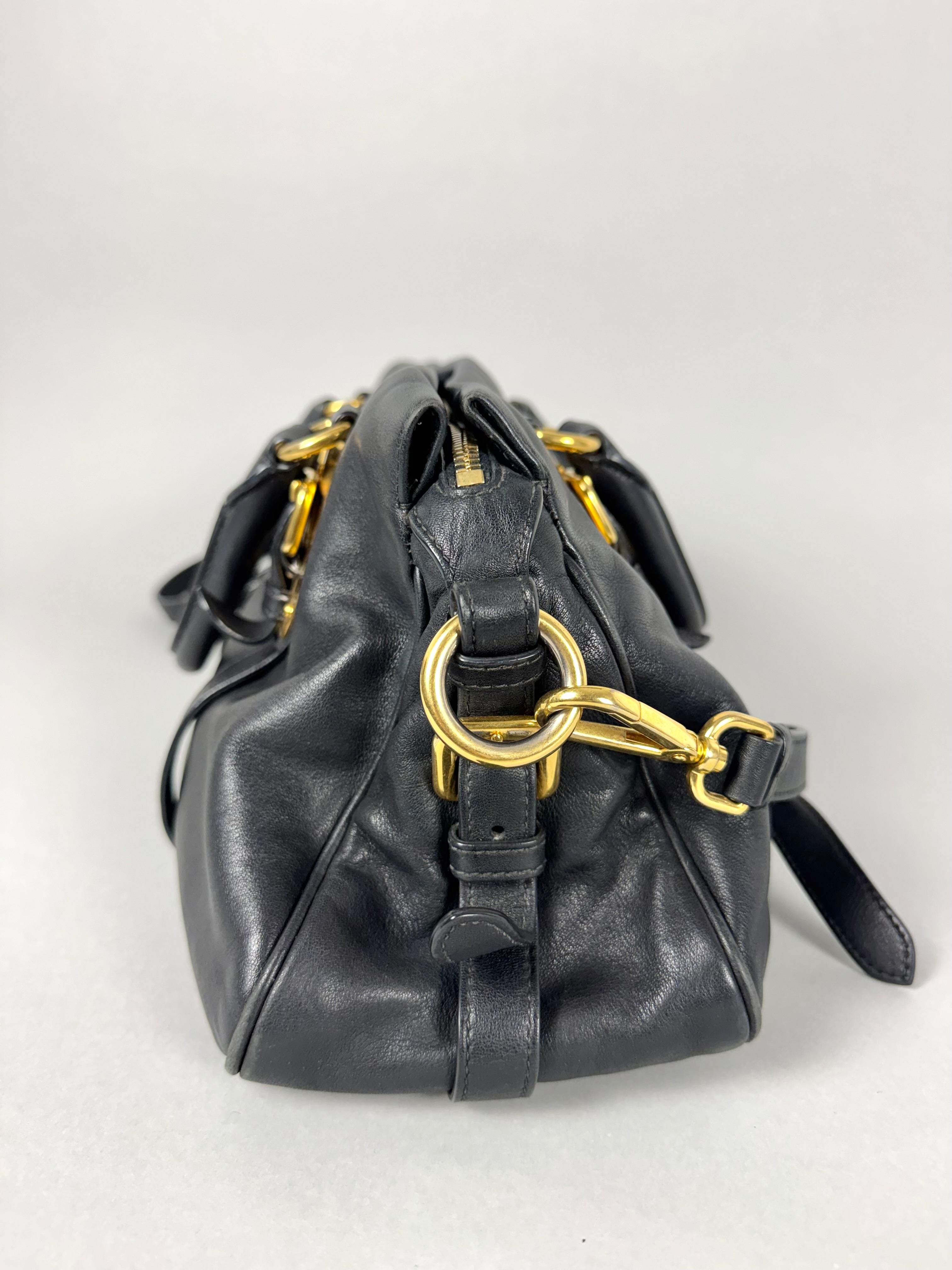 Prada Satchel Soft Calfskin Trimmed Leather Black