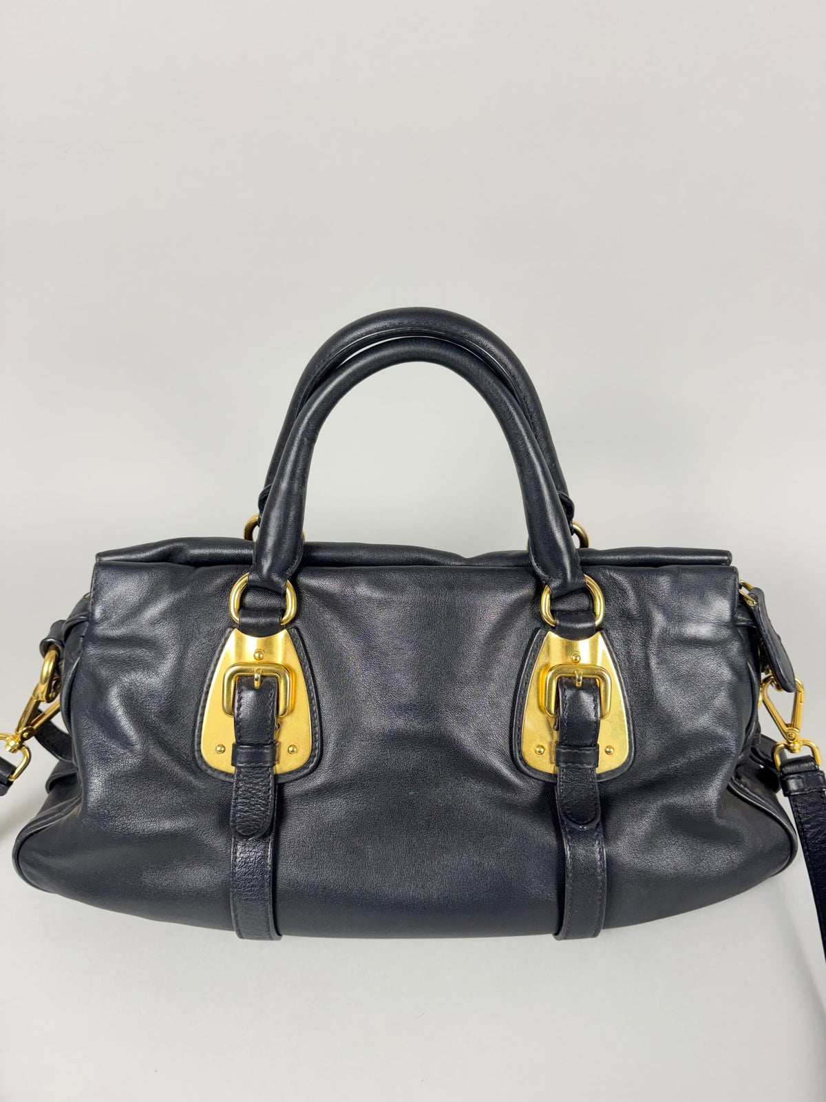 Prada Satchel Soft Calfskin Trimmed Leather Black