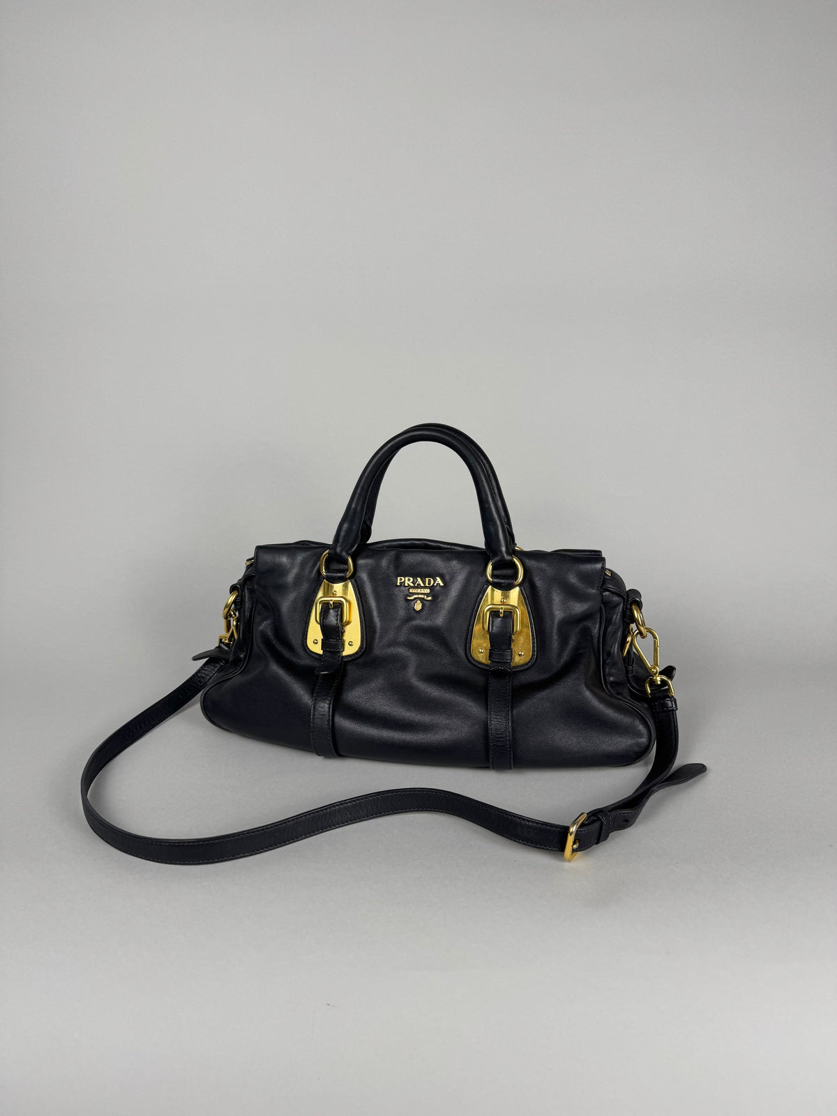Prada Satchel Soft Calfskin Trimmed Leather Black