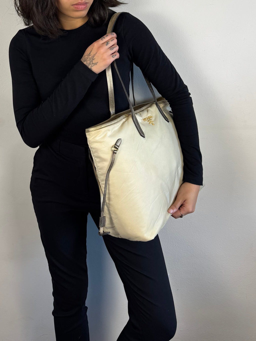 Prada Tessuto Nylon Saffiano Shopping Tote Off White