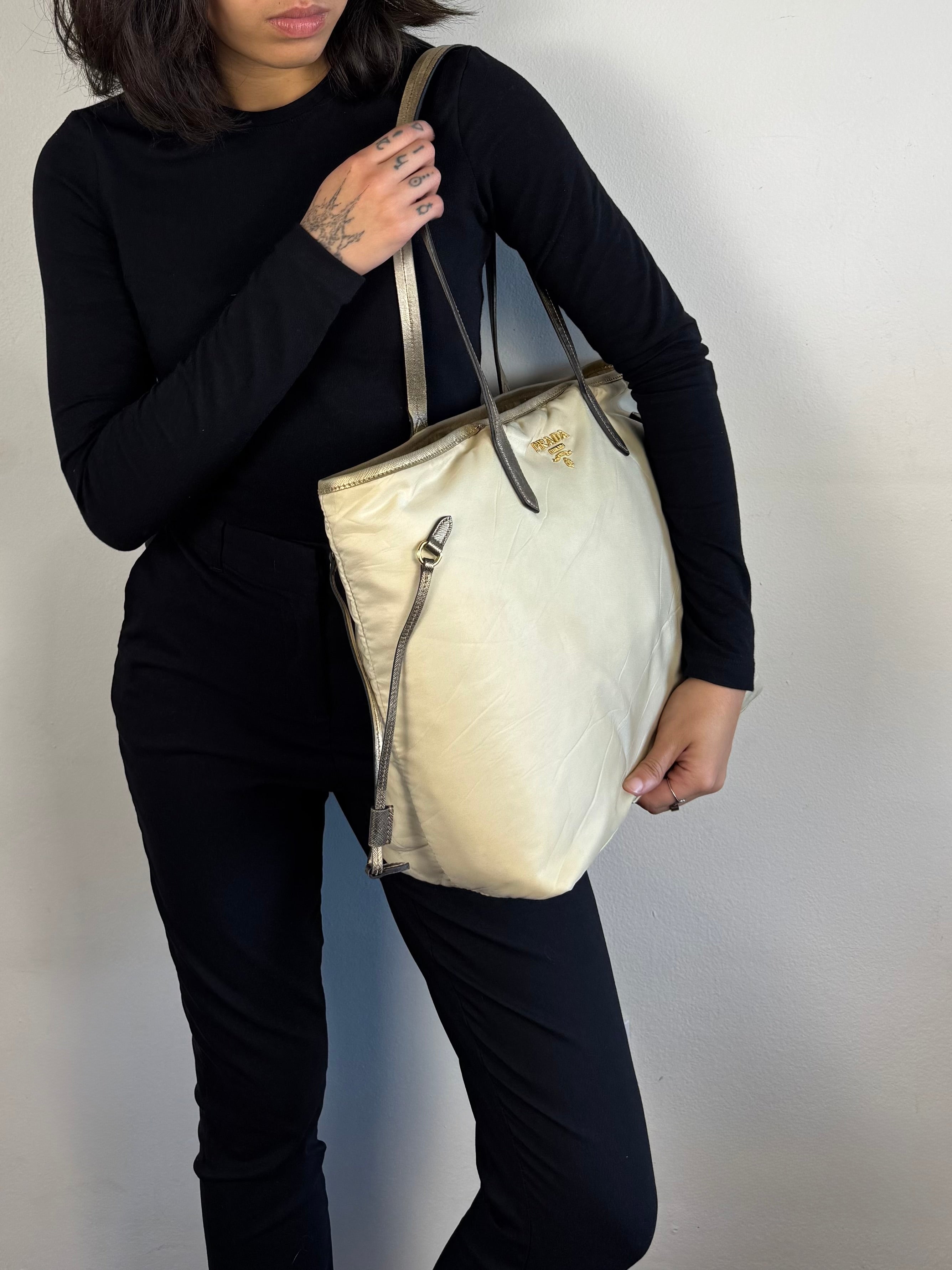 Prada Tessuto Nylon Saffiano Shopping Tote Off White