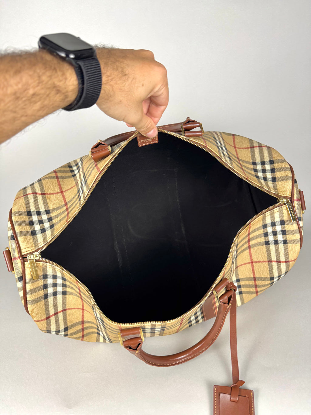 Burberry Brown Leather And Haymarket Check Coated Canvas Travel Duffel