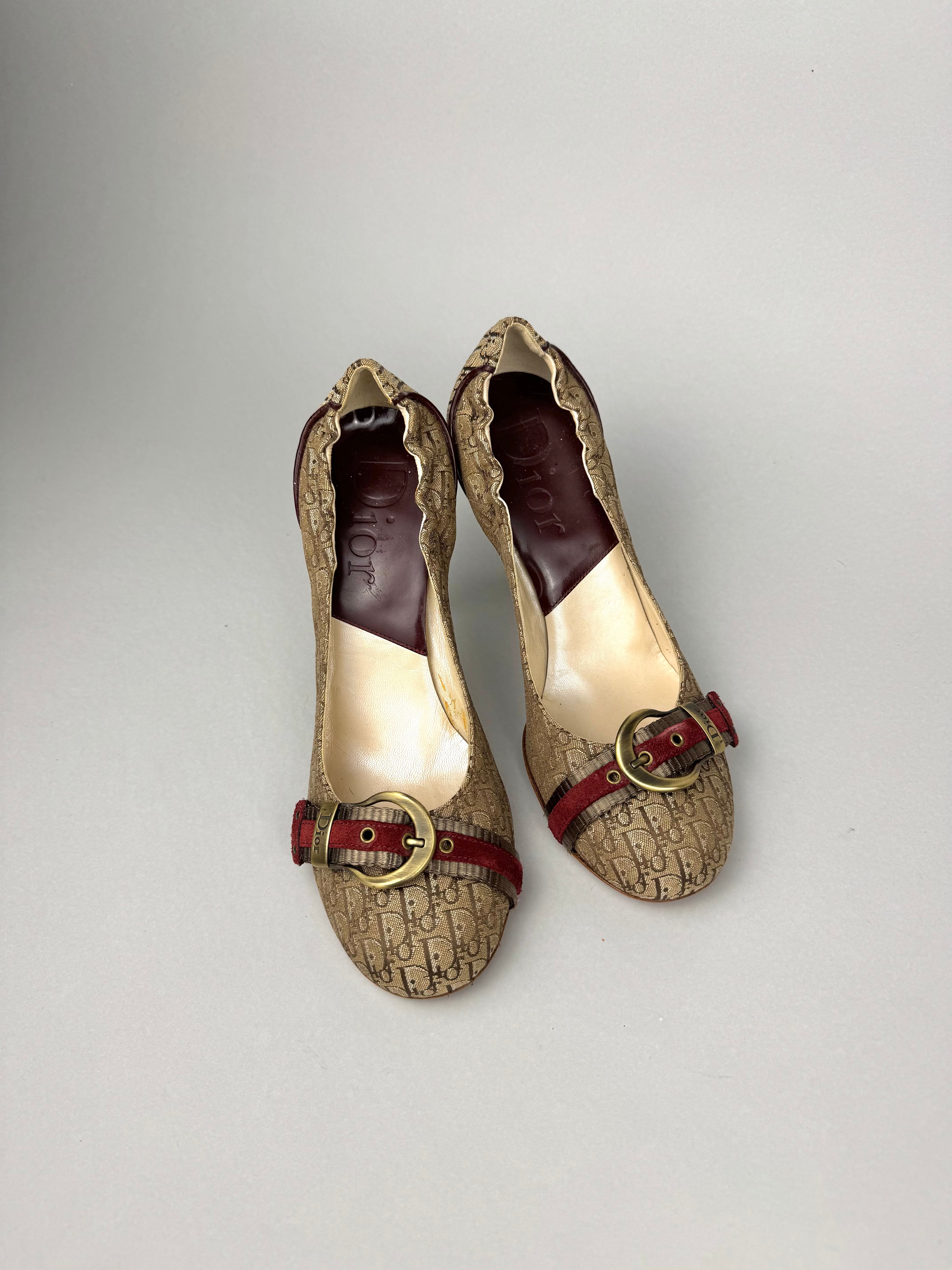Dior Monogram Burgundy Beige Canvas Heels