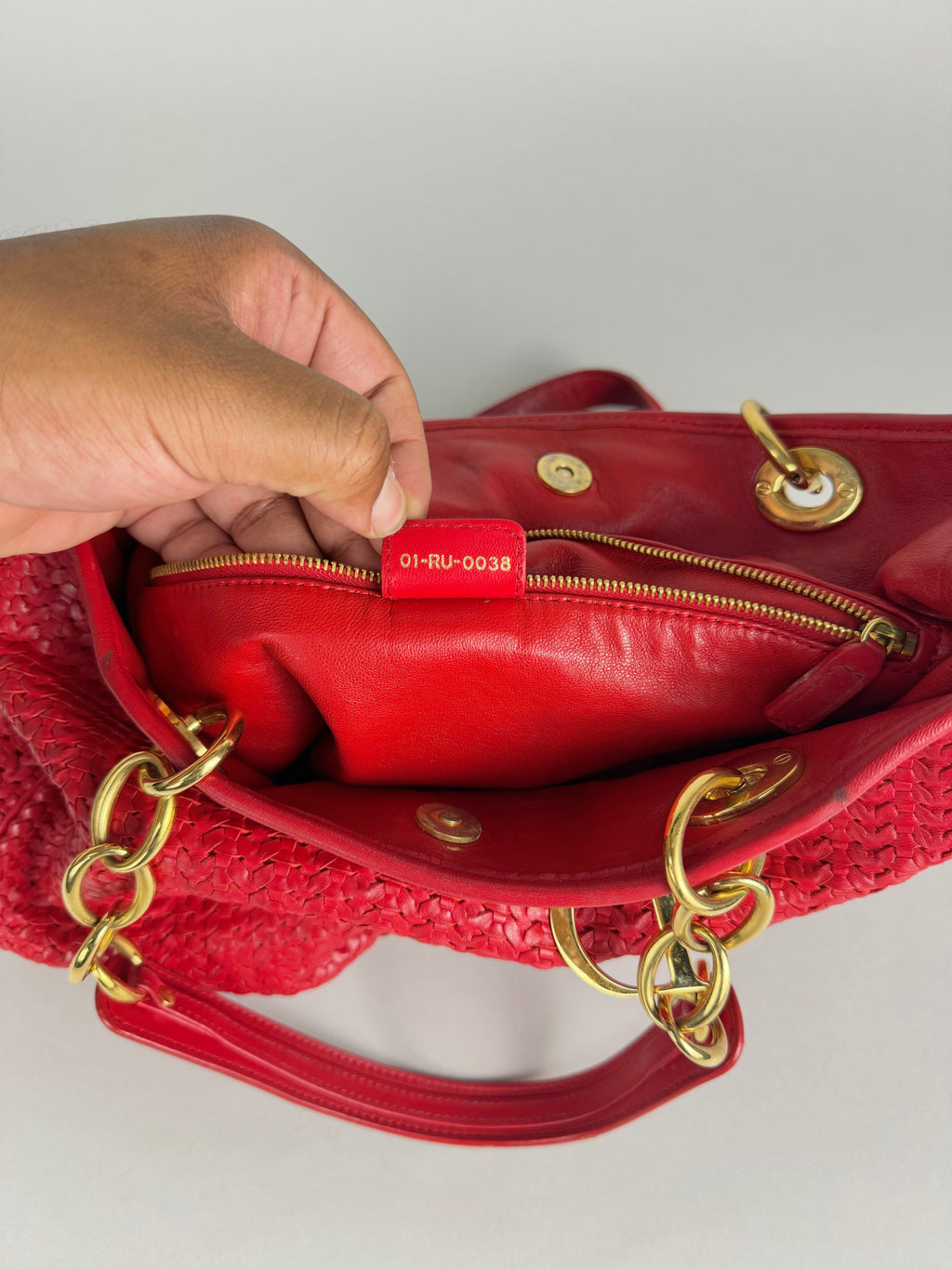 Christian Dior Red Woven Lambskin Leather Lady Dior Tote