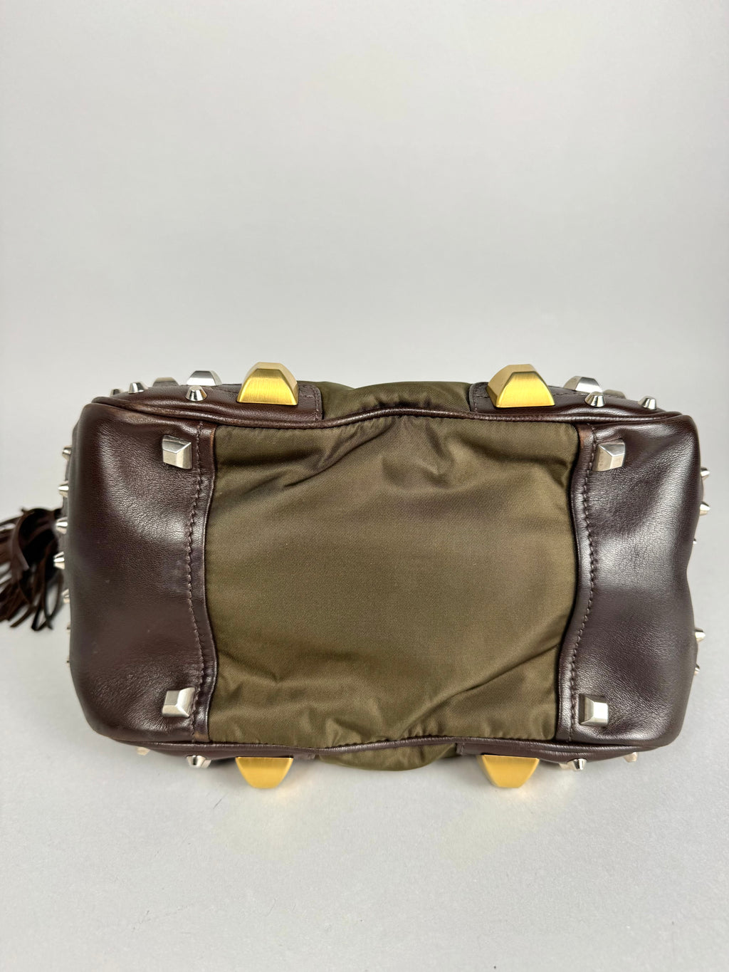 Prada Brown Studded Leather Green Dark Brown Pony-style Calfskin