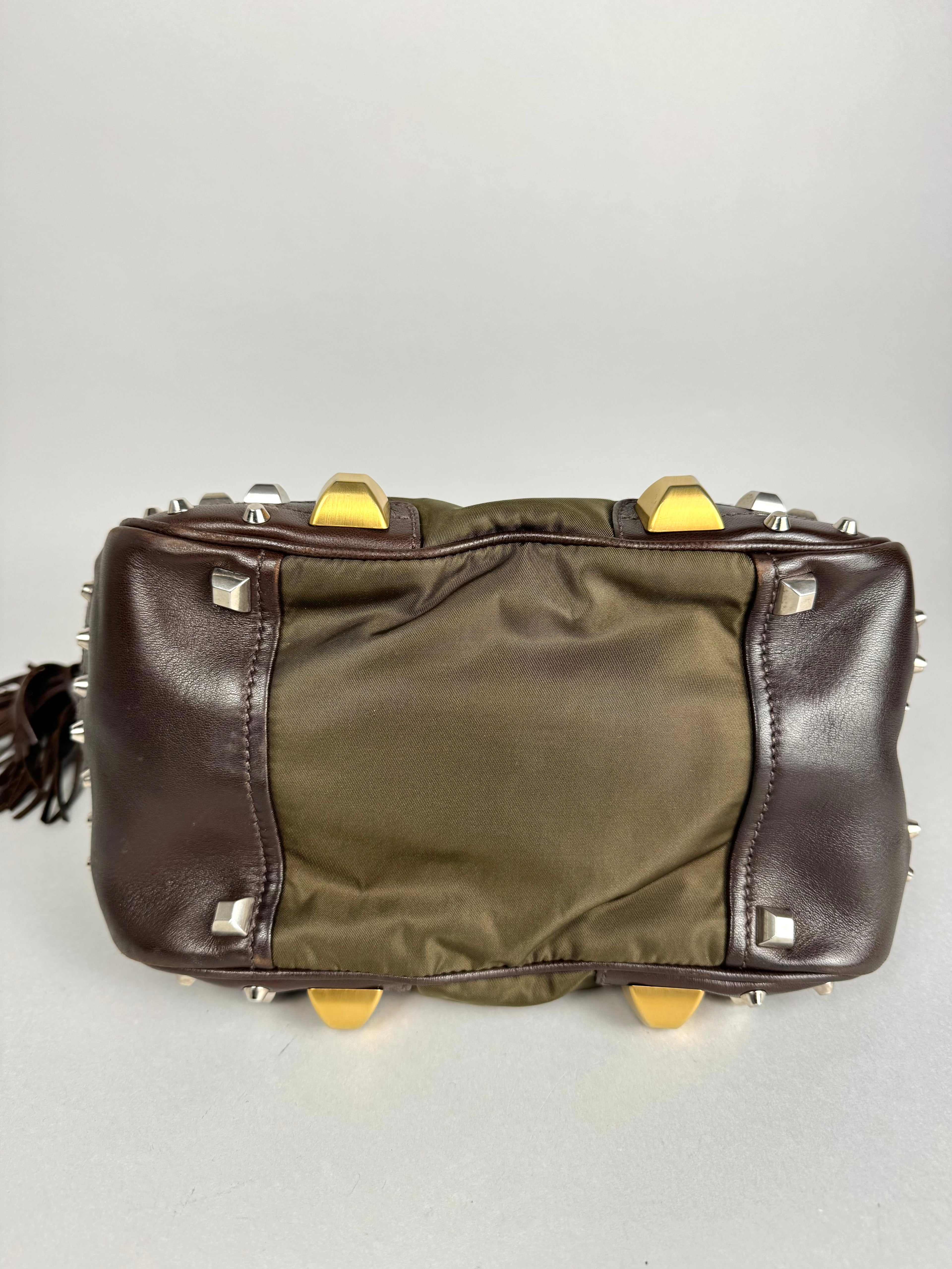 Prada Brown Studded Leather Green Dark Brown Pony-style Calfskin