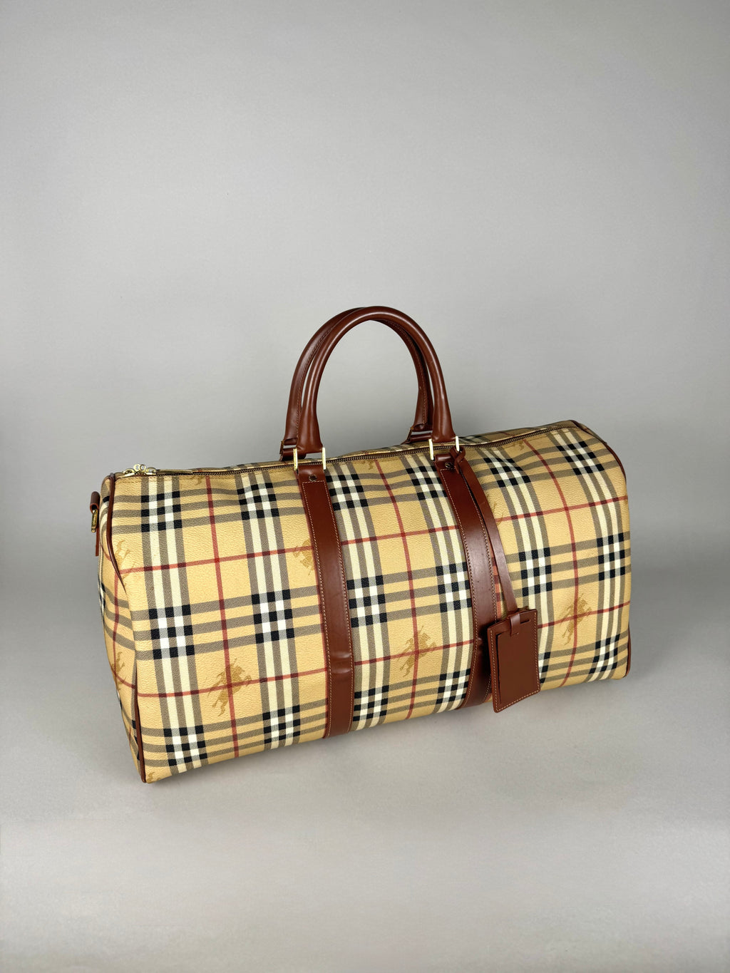 Burberry Brown Leather And Haymarket Check Coated Canvas Travel Duffel