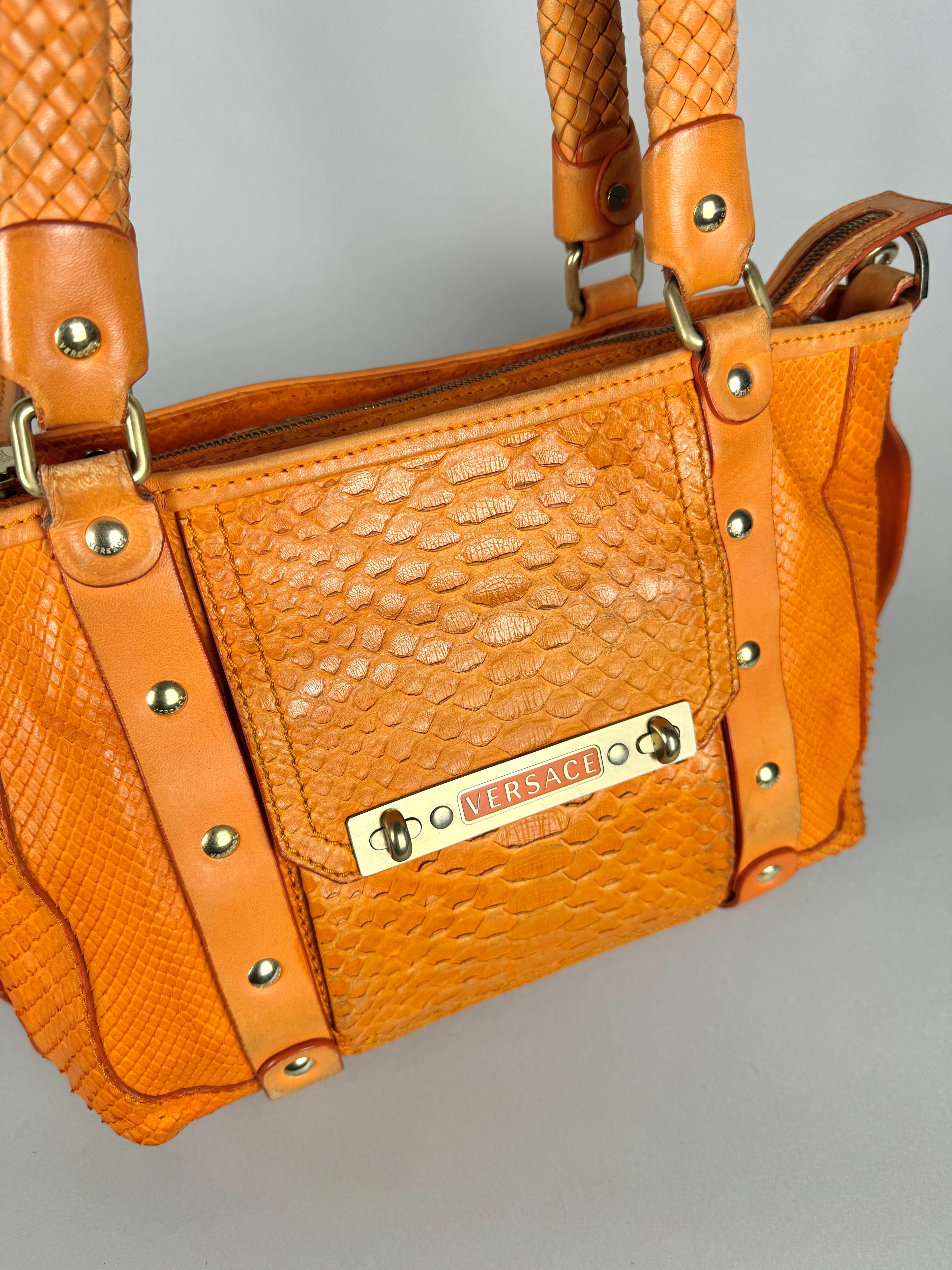 Versace Orange Python and Leather Tote