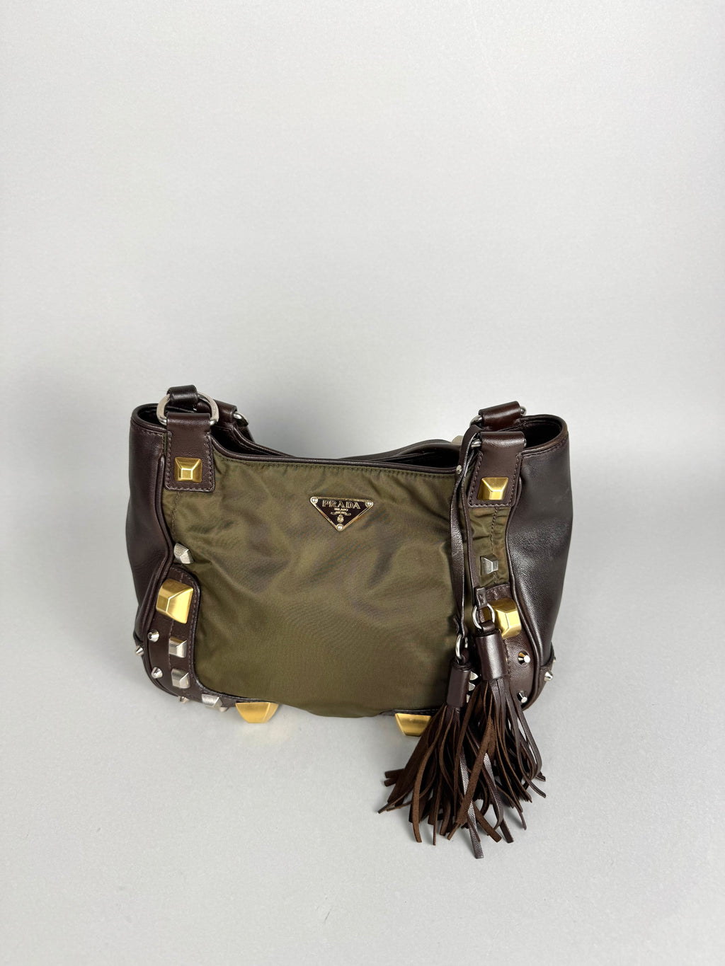 Prada Brown Studded Leather Green Dark Brown Pony-style Calfskin