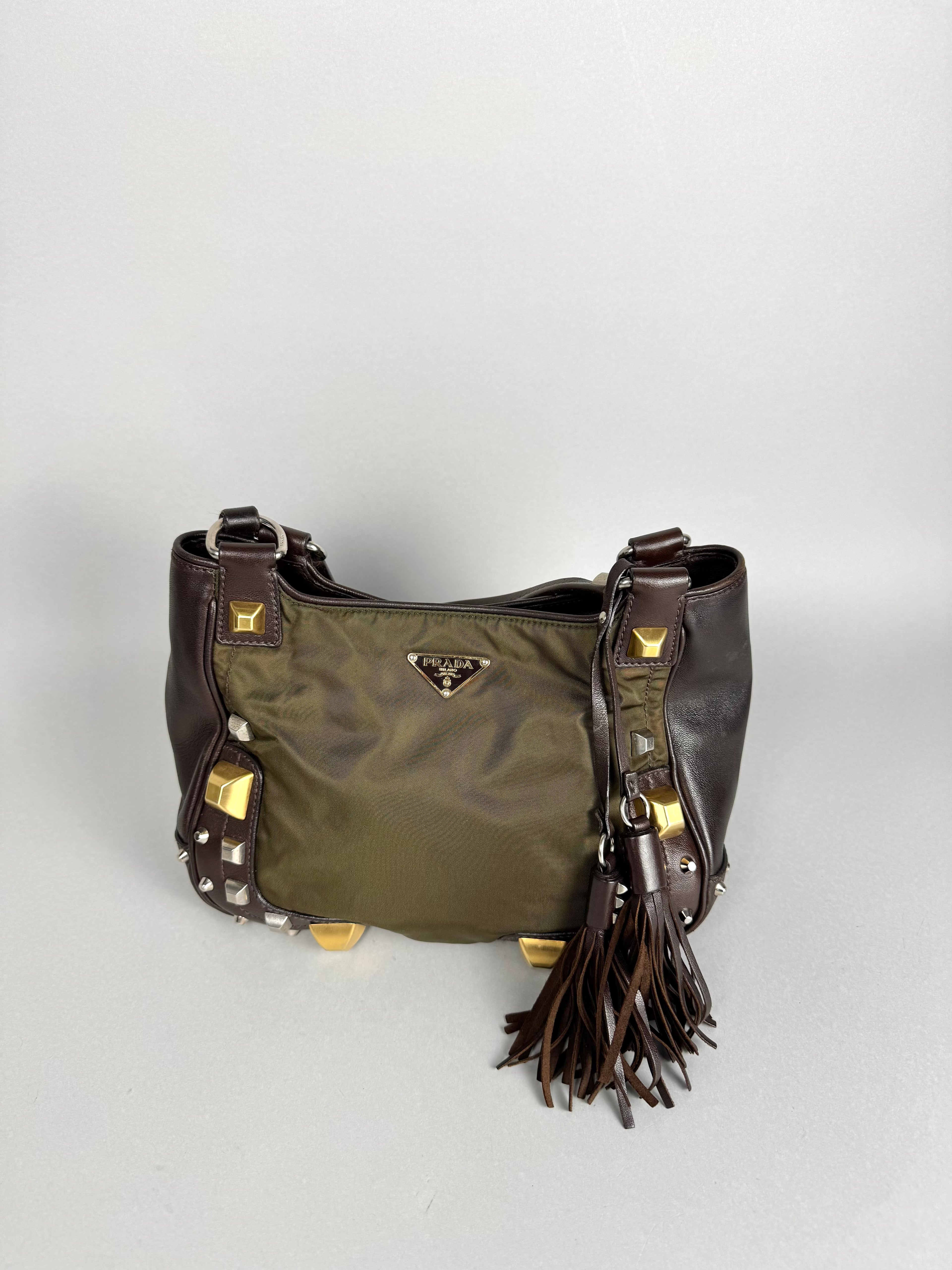 Prada Brown Studded Leather Green Dark Brown Pony-style Calfskin