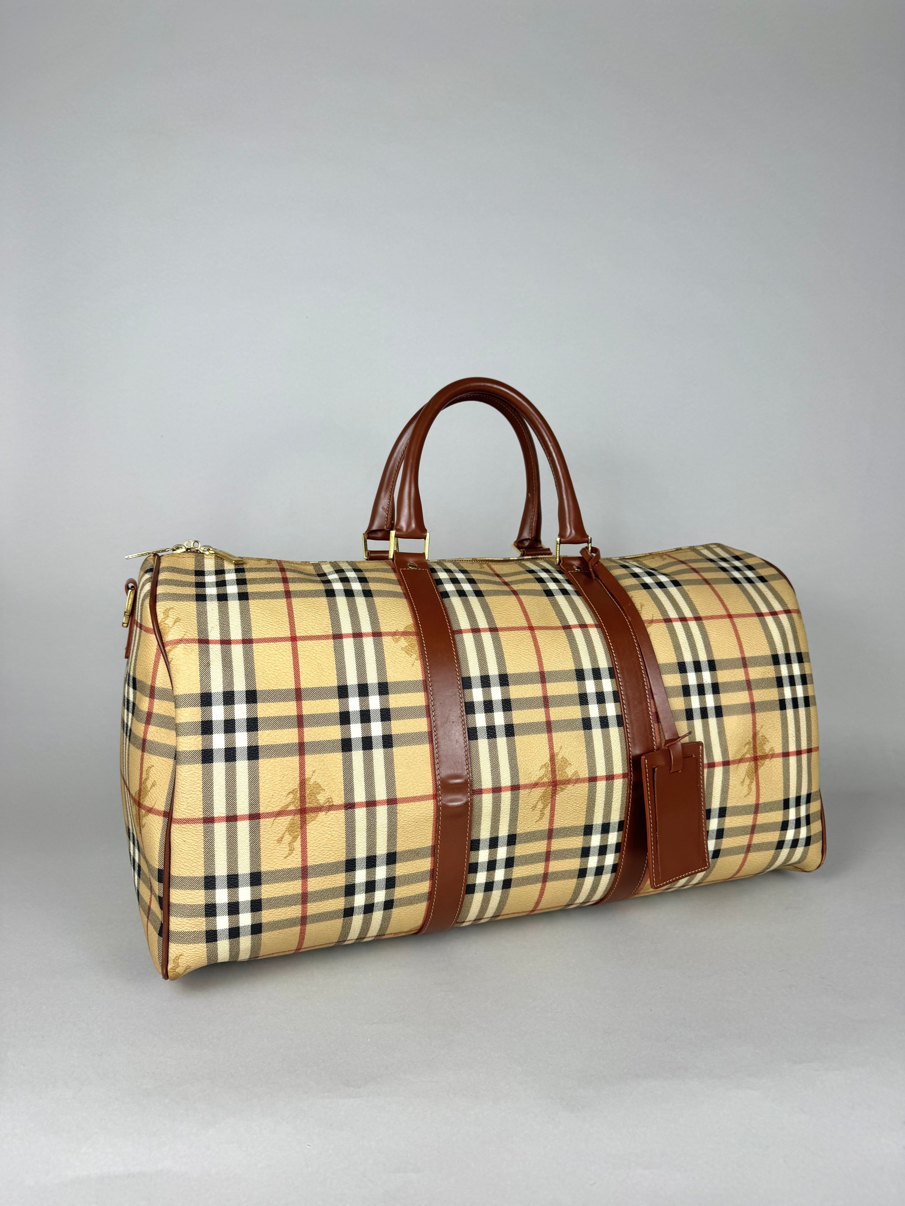Burberry Brown Leather And Haymarket Check Coated Canvas Travel Duffel