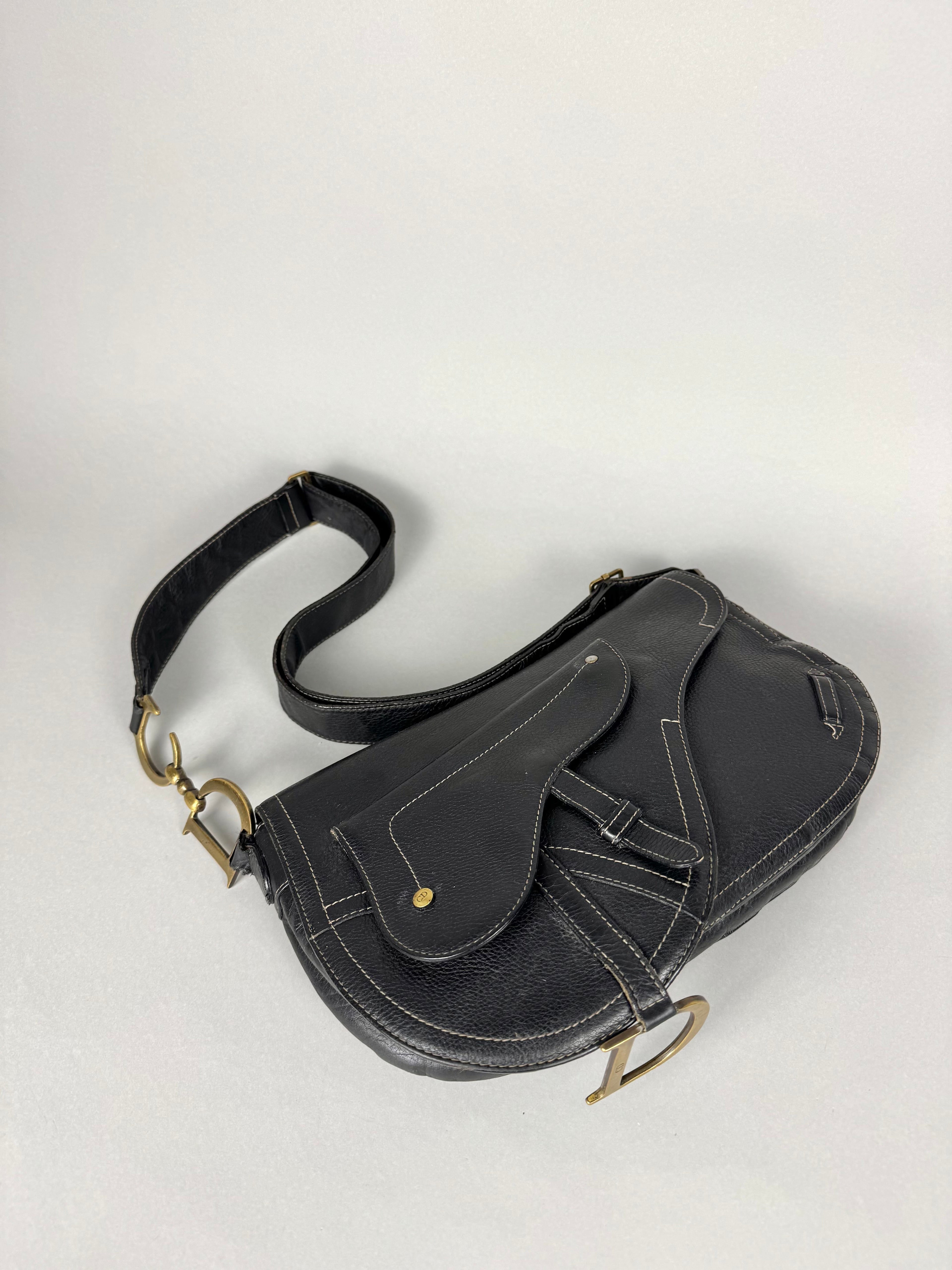 Christian Dior Vintage Double Baudrier Saddle Bag in Black Leather