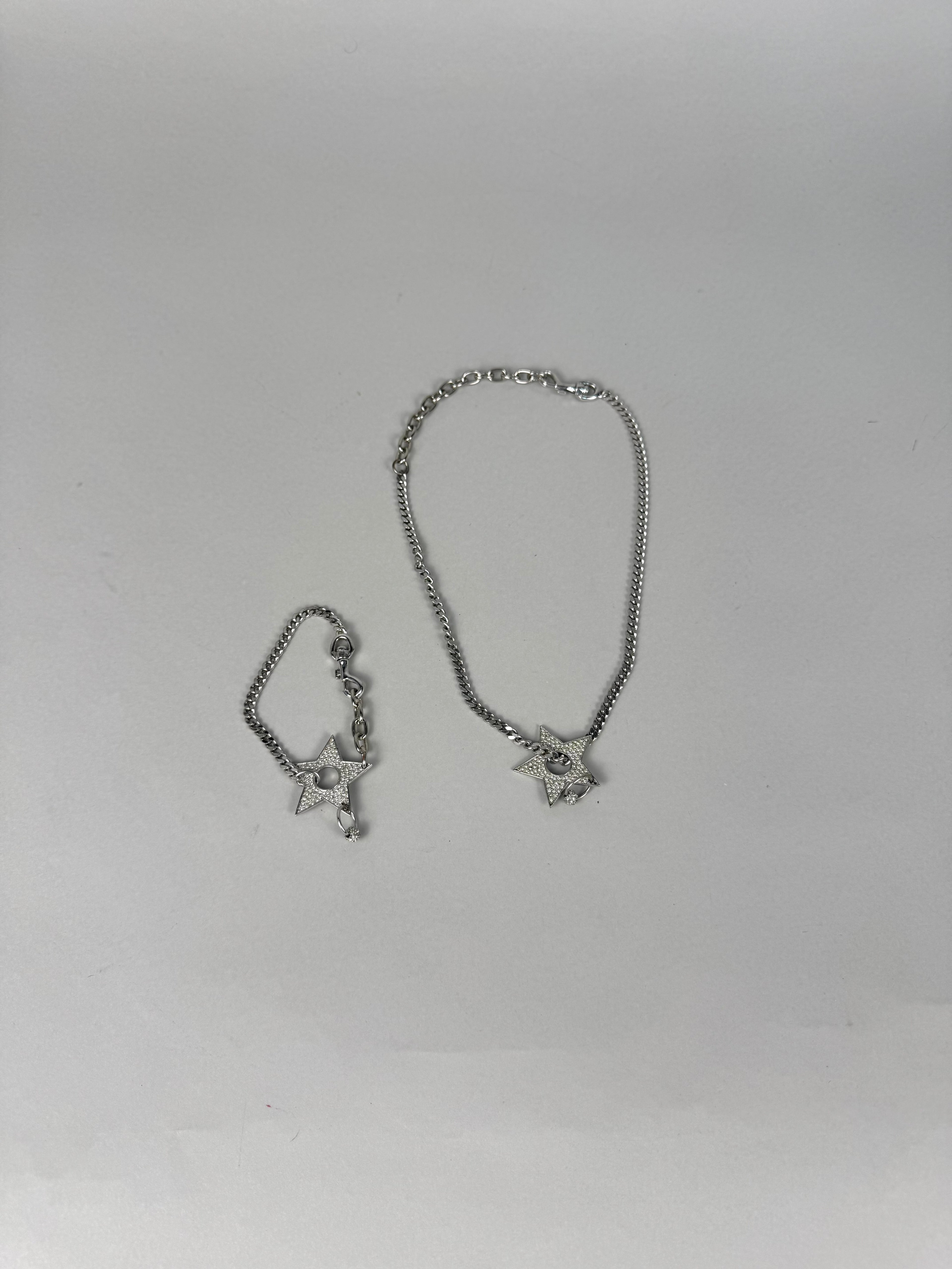 Christian Dior Crystal Star Pierced Choker Necklace Silver and Bracelet