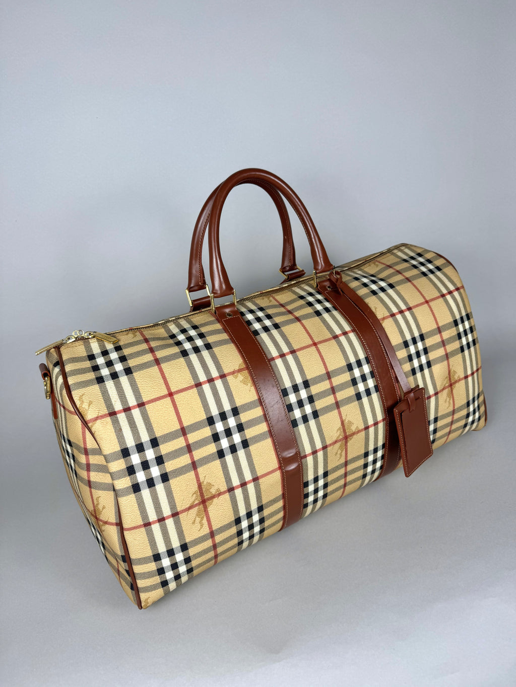 Burberry Brown Leather And Haymarket Check Coated Canvas Travel Duffel