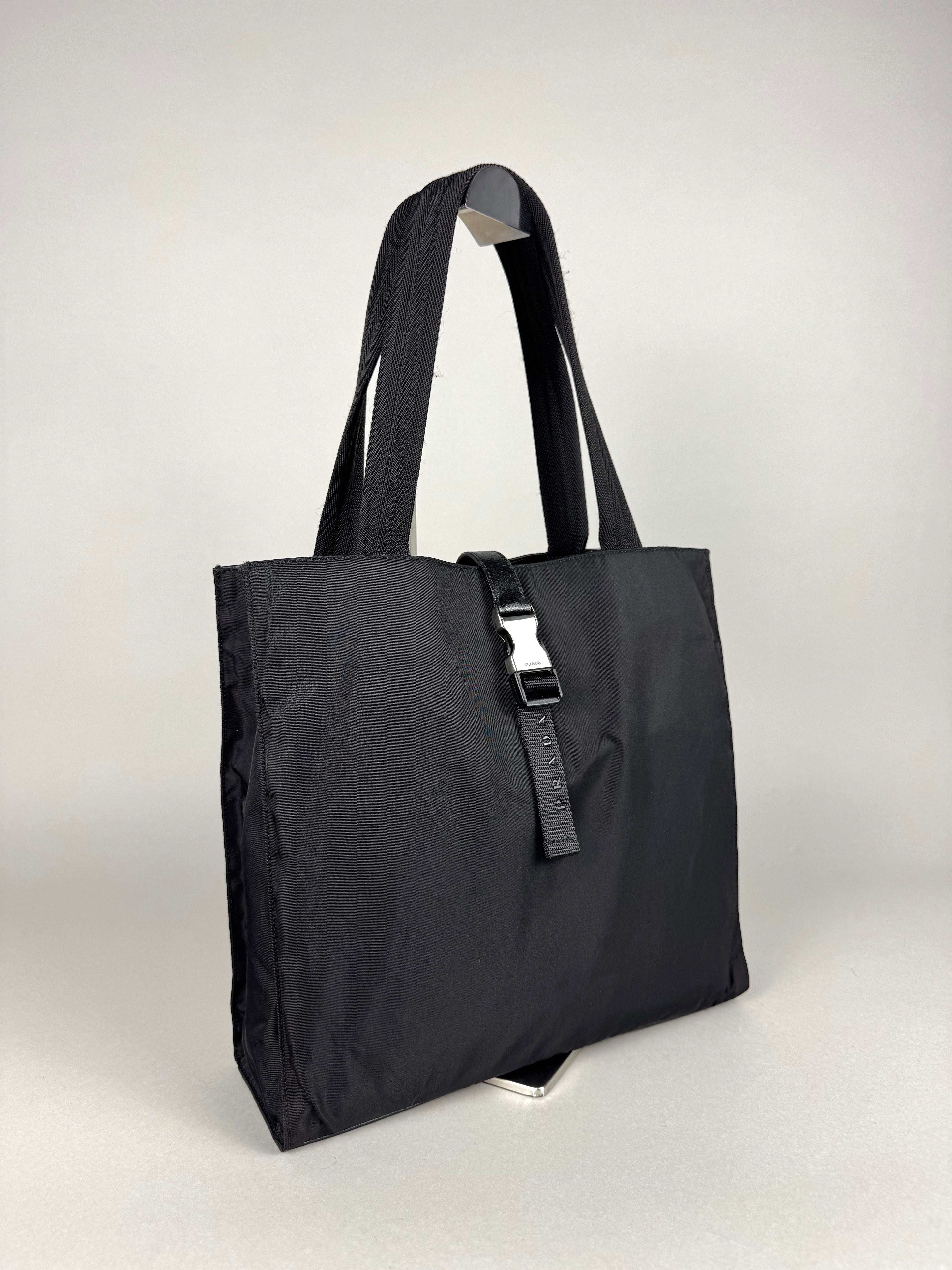 Prada Tessuto Buckle Nylon Black Tote
