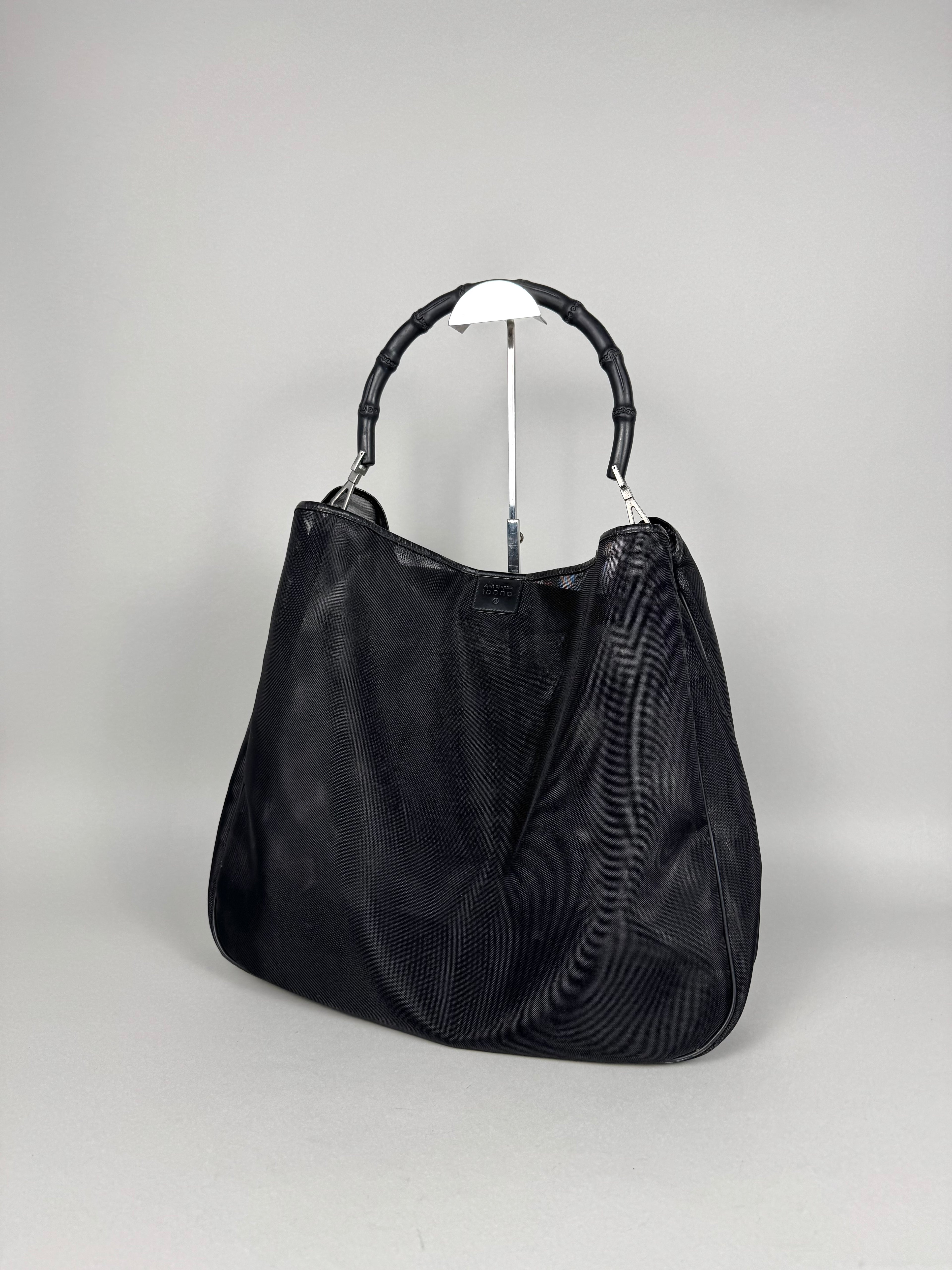 Gucci Mesh Bamboo Tote Bag in Black with Pouch